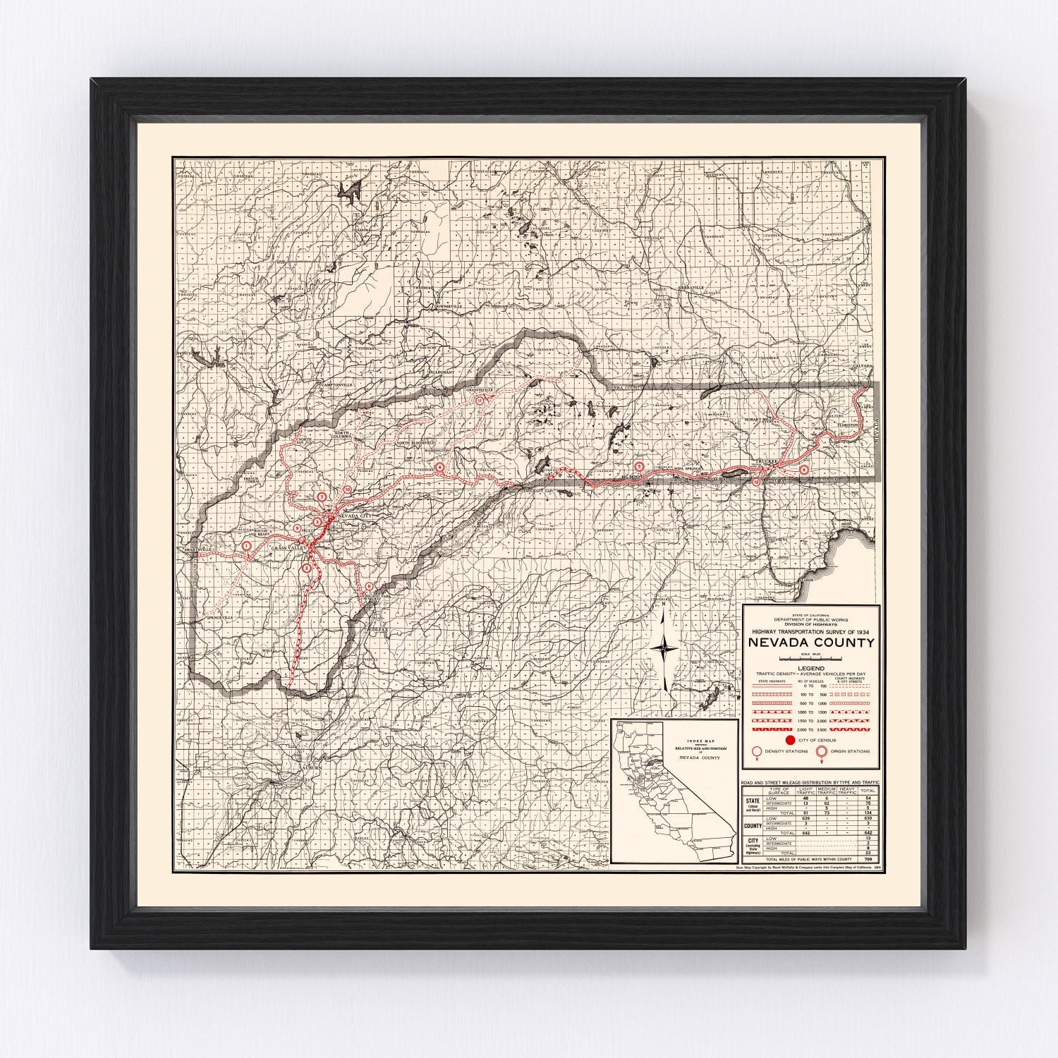 Vintage Map of Nevada County, California 1935