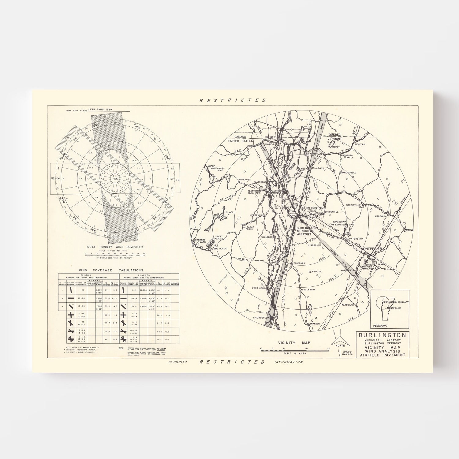 Vintage Map of the Burlington Municipal Airport Vicinity, 1952