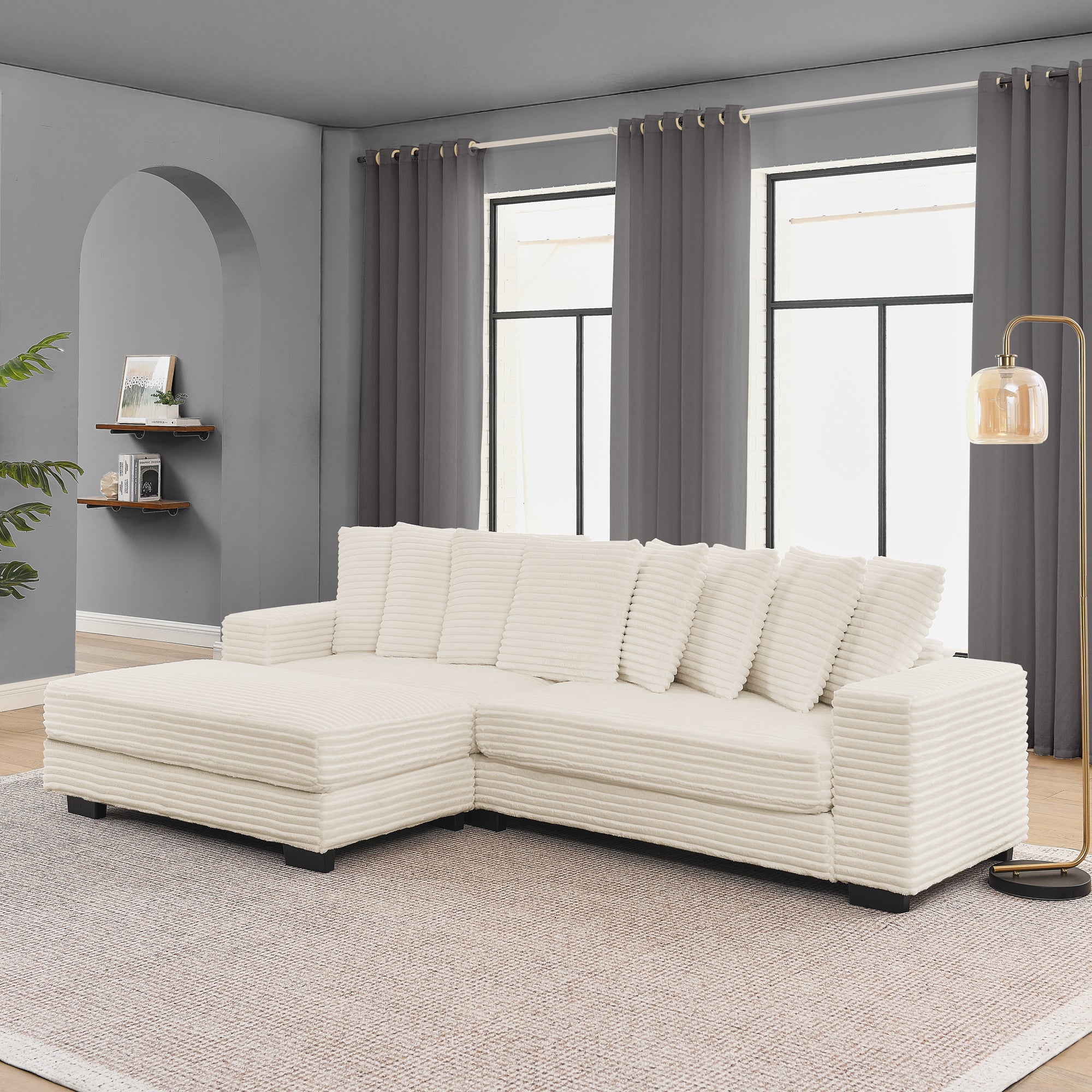 Corduroy Tufted Upholstered Sleeper Sectional Sofa, L-Shaped Modular Convertible Sofa , Can freely change the position of the footrests-Beige(Assembly is required)