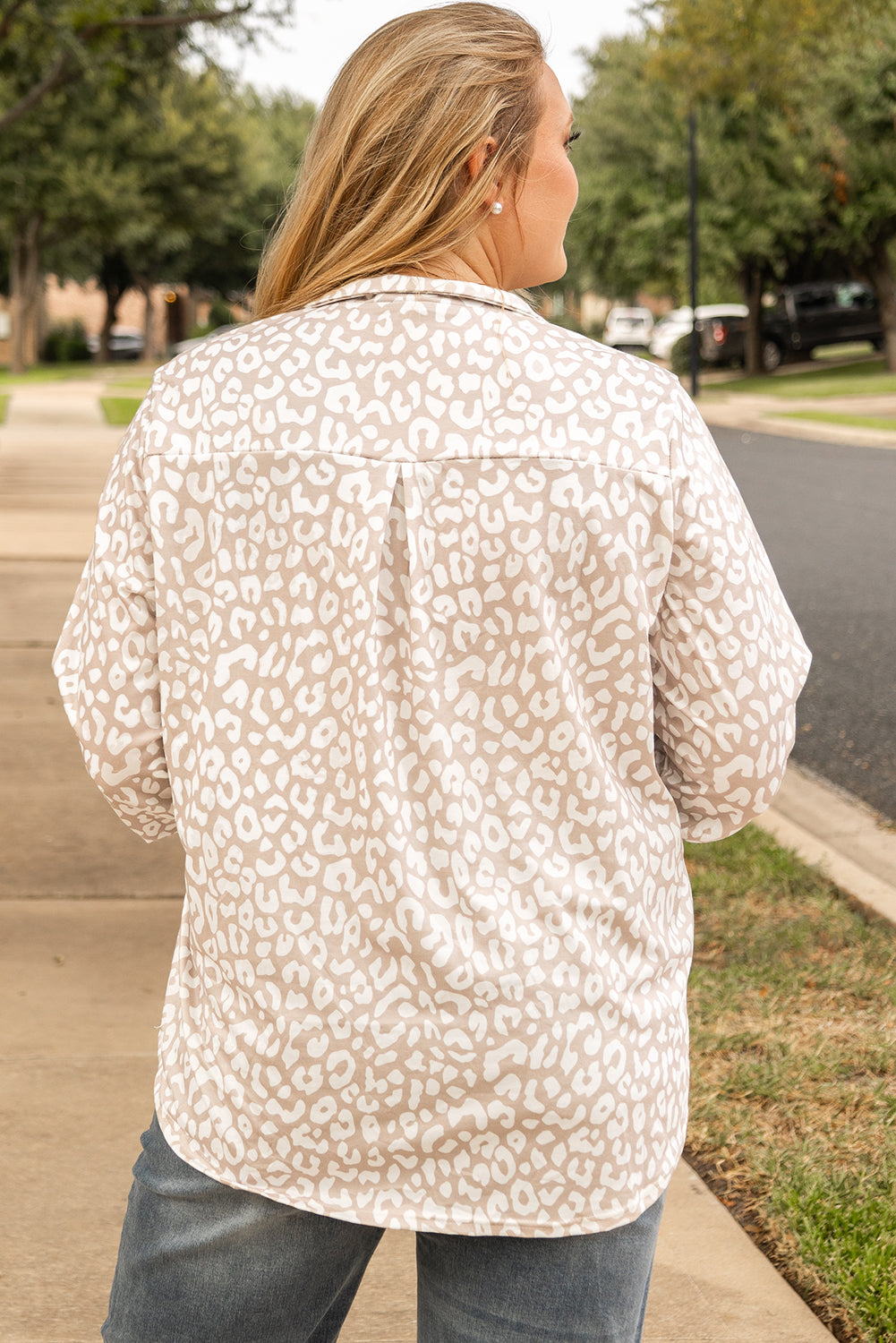 Plus Size Leopard Tab Sleeve V-Neck Top