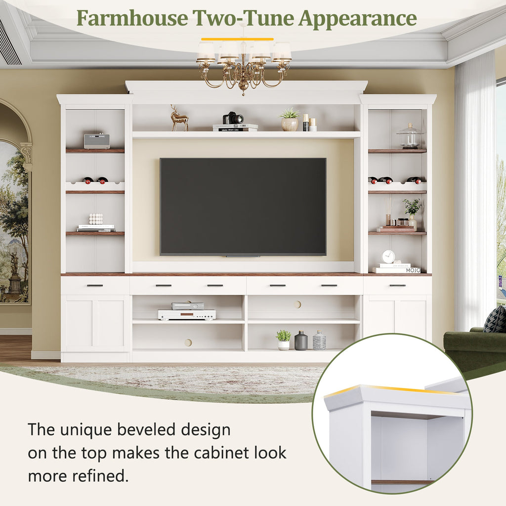 ON-TREND Farmhouse 4-Piece Entertainment Wall Unit Set with Bookshelf for TVs Up to 70', Walnut TV Stand with Adjustable Shelves, Mid-Century Large Media Console with Wine Rack for Living Room, White