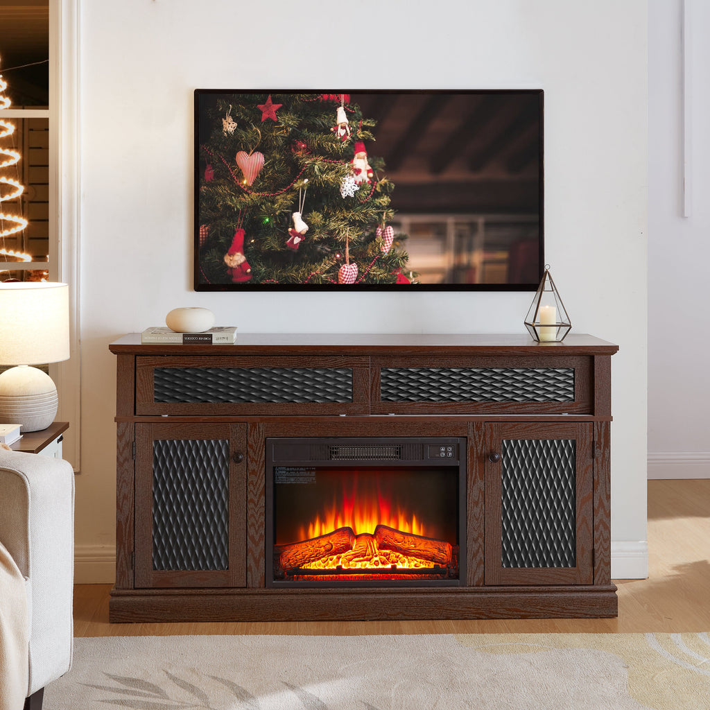 Embossed Pattern TV Stand with 23' fireplace insert,, TV and Media Console with Open and Closed Storage Space and sliding door for Living Room & Bedroom, Dark Cherry, 58.27'W*15.35'W*31.7H