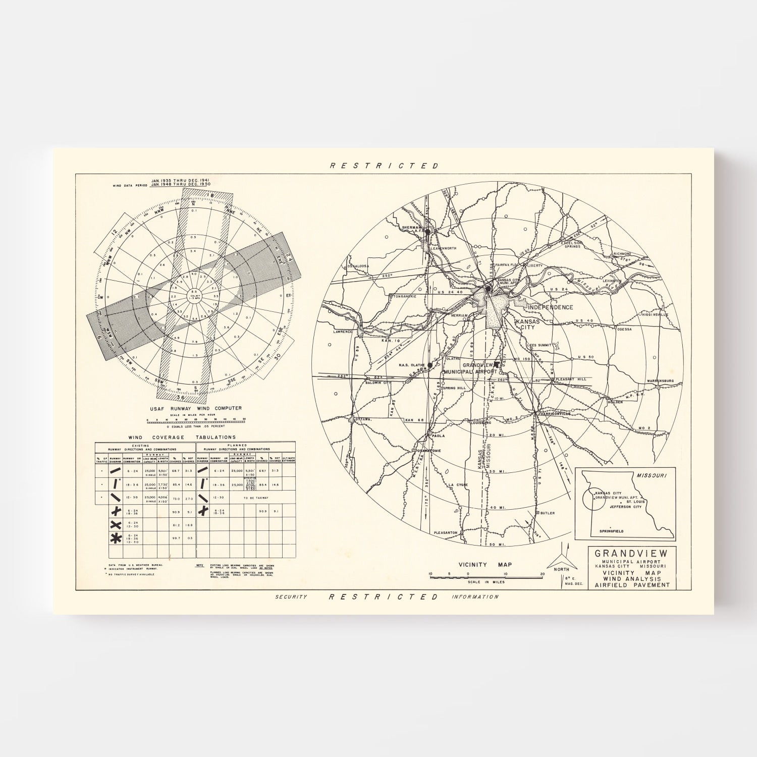 Vintage Map of the Grandview Municipal airport Vicinity, 1952