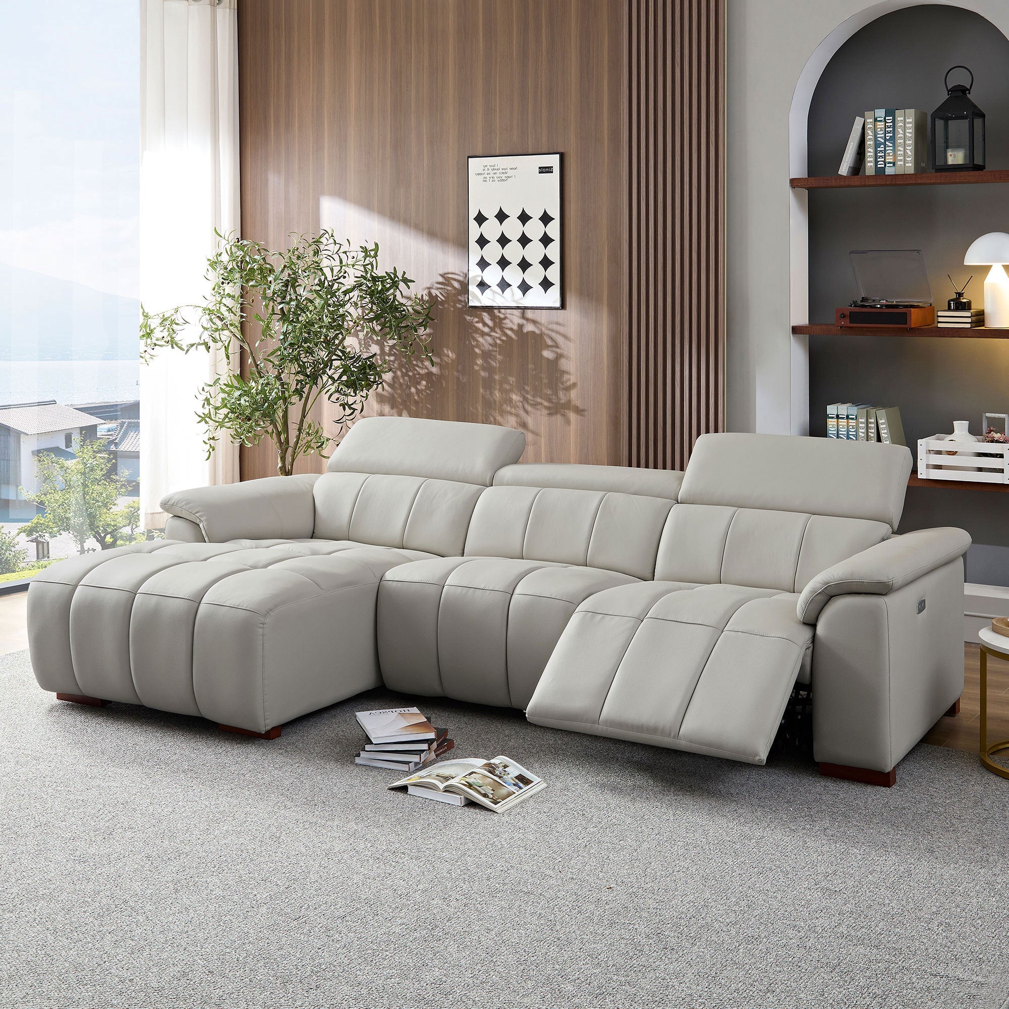 Wall-Hugger Reclining Sofa Modern Electric Control Genuine Leather L Shaped Couch,Lounge Seat Theater Seating Furniture with USB Port, Sofa with Headrest & Footrest for Living Room,Apartment,Office