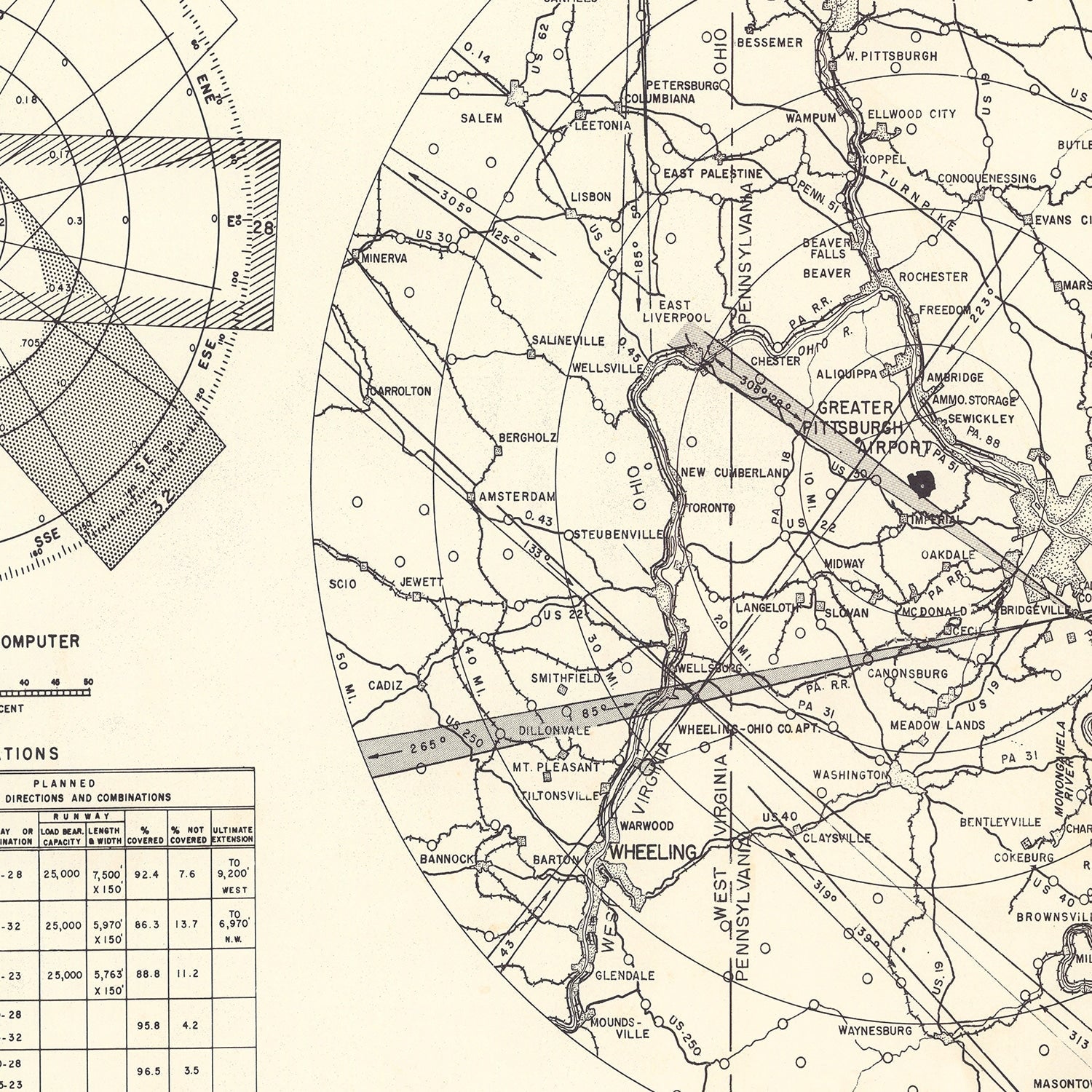 Vintage Map of the Greater Pittsburgh Airport Vicinity, 1951