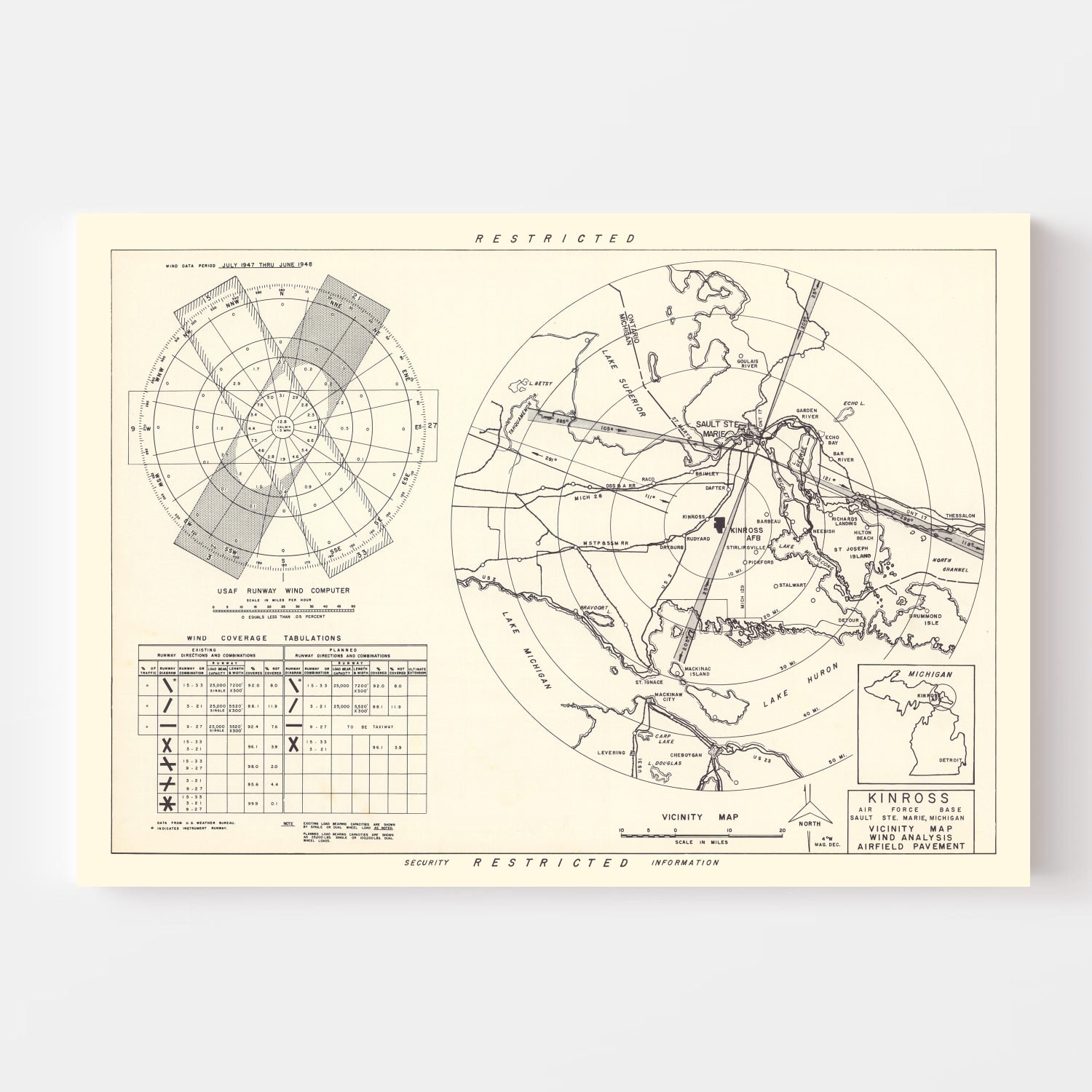 Vintage Map of the Kinross Air Force Base Vicinity, 1951