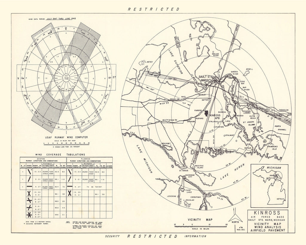 Vintage Map of the Kinross Air Force Base Vicinity, 1951