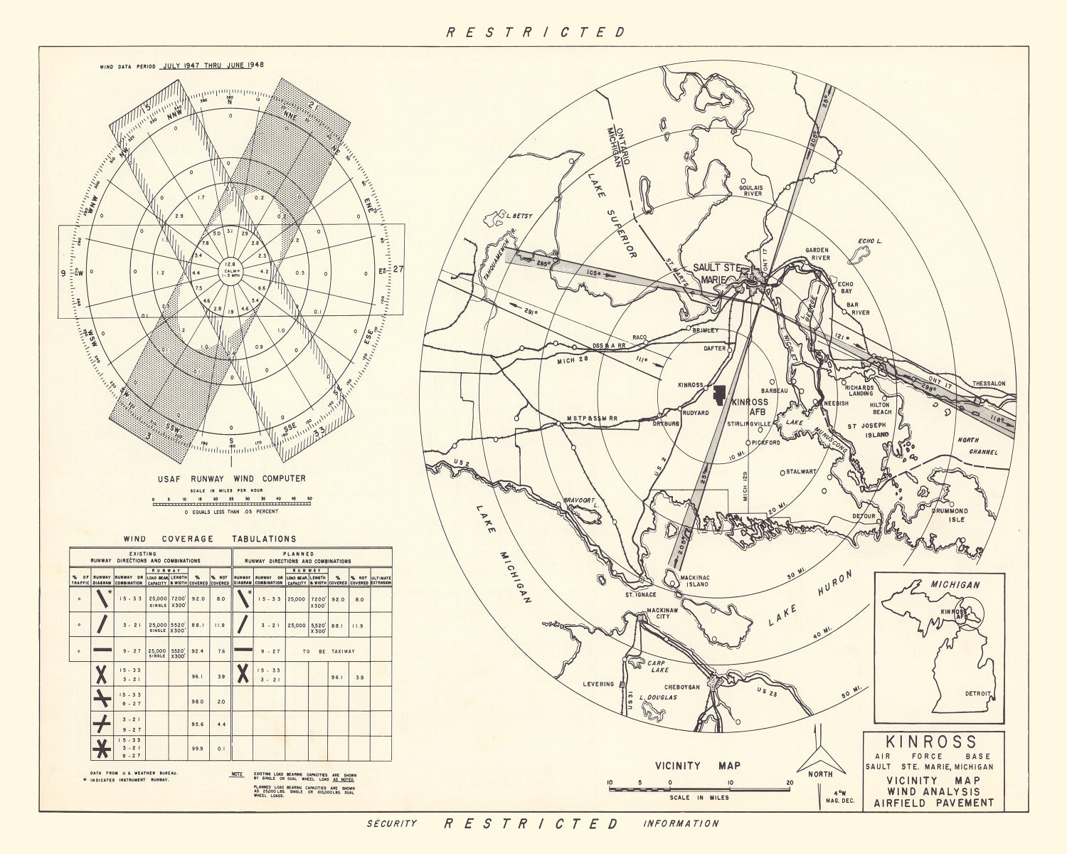 Vintage Map of the Kinross Air Force Base Vicinity, 1951