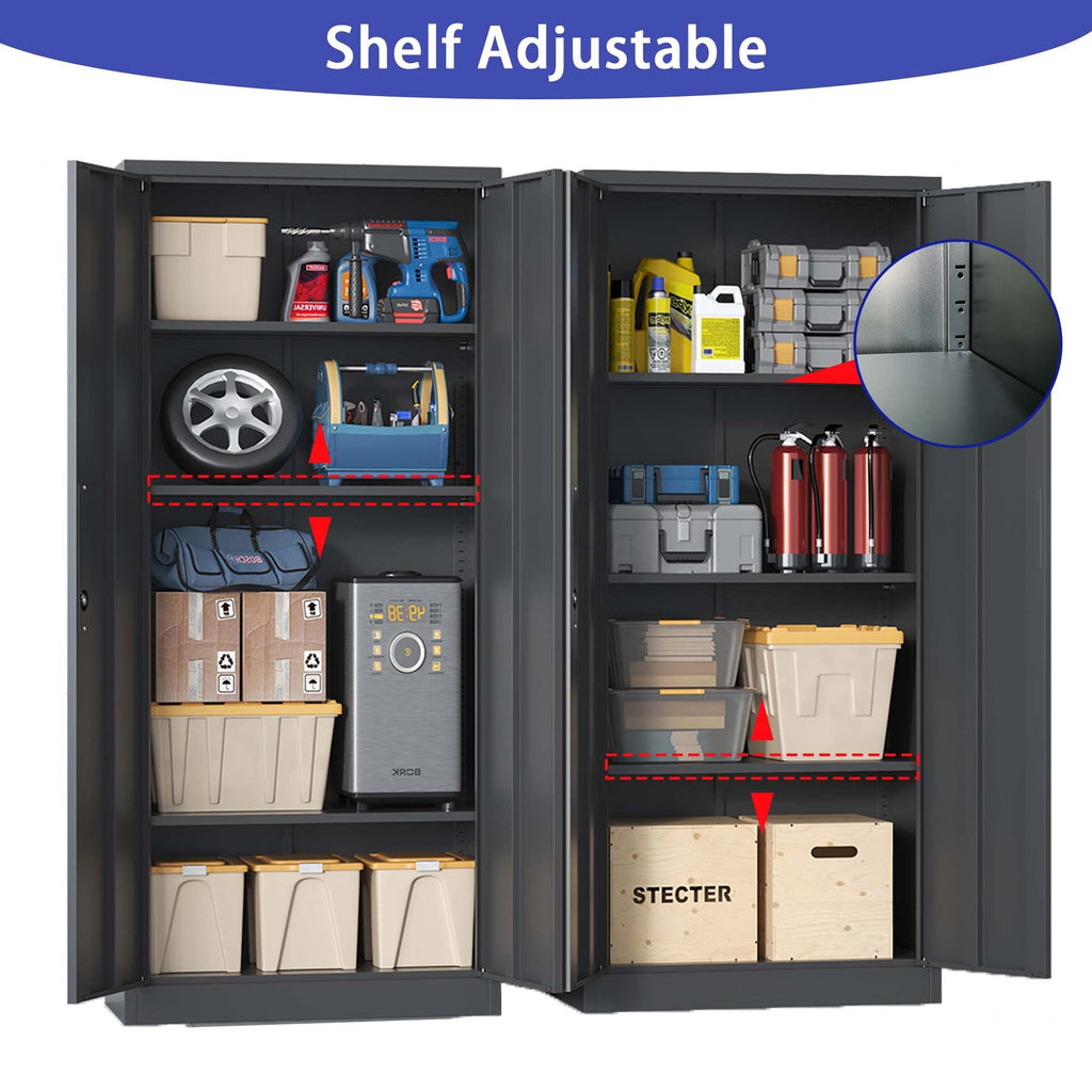 Heavy Metal Garage Storage Cabinet, Black Tool Steel Locking Cabinet with Doors and 3 Adjustable Shelves, 71 Inch Tall