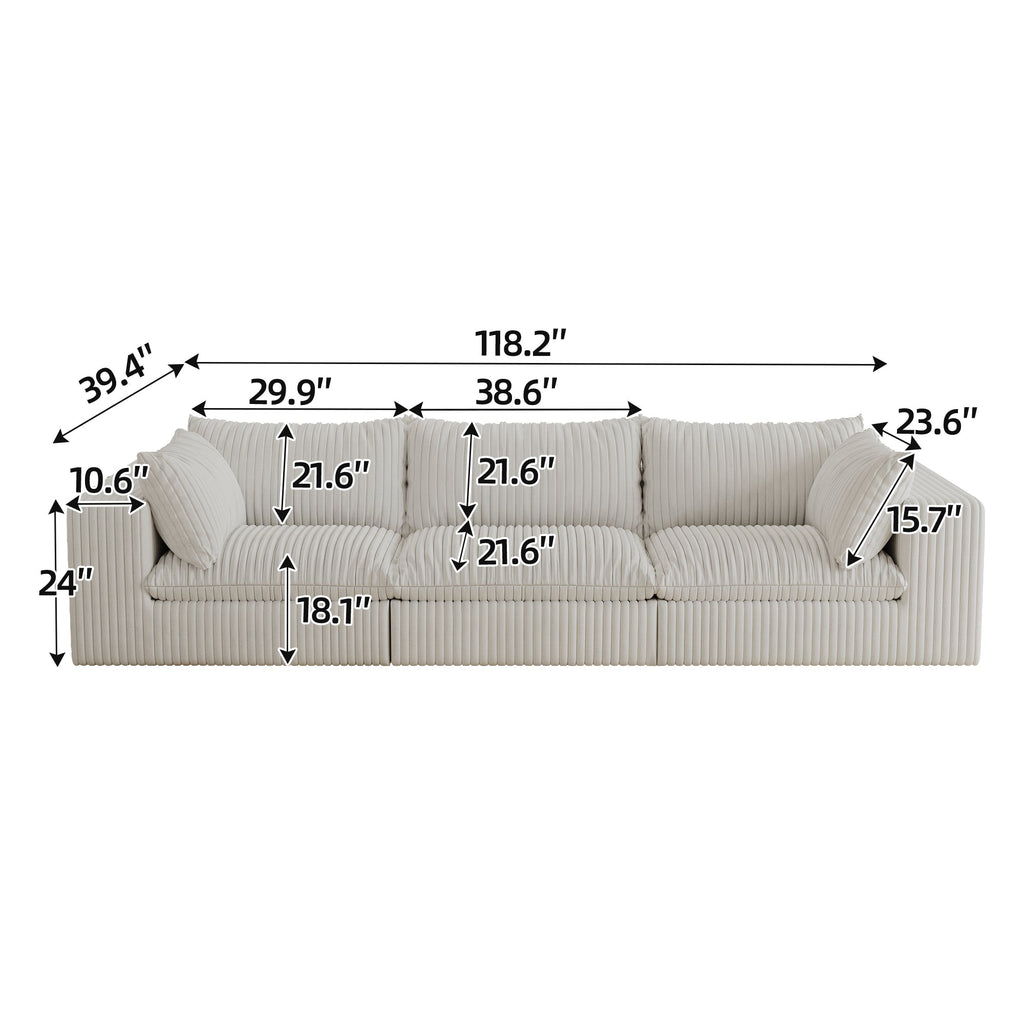 118.2' Cloud Sofa,Corduroy Fabric,Deep Seat Couches,Double-layer design,Removable  Cushion,No Assembly, DIY Combination for Living room, Bedroom,Conference room ,Apartment,White