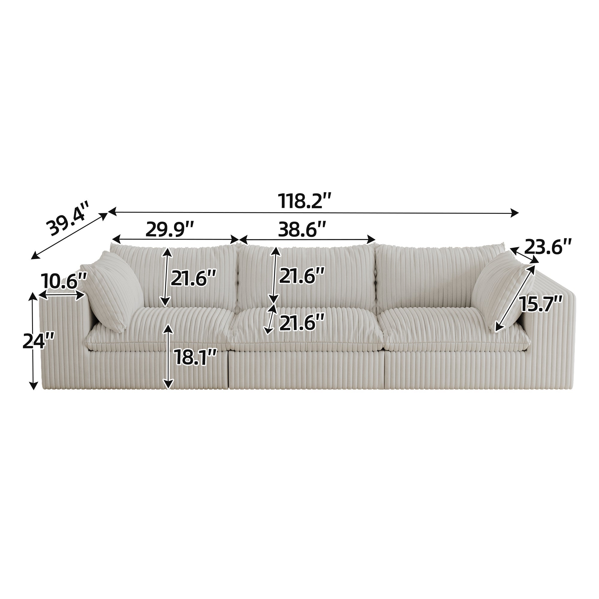 118.2' Cloud Sofa,Corduroy Fabric,Deep Seat Couches,Double-layer design,Removable  Cushion,No Assembly, DIY Combination for Living room, Bedroom,Conference room ,Apartment,White