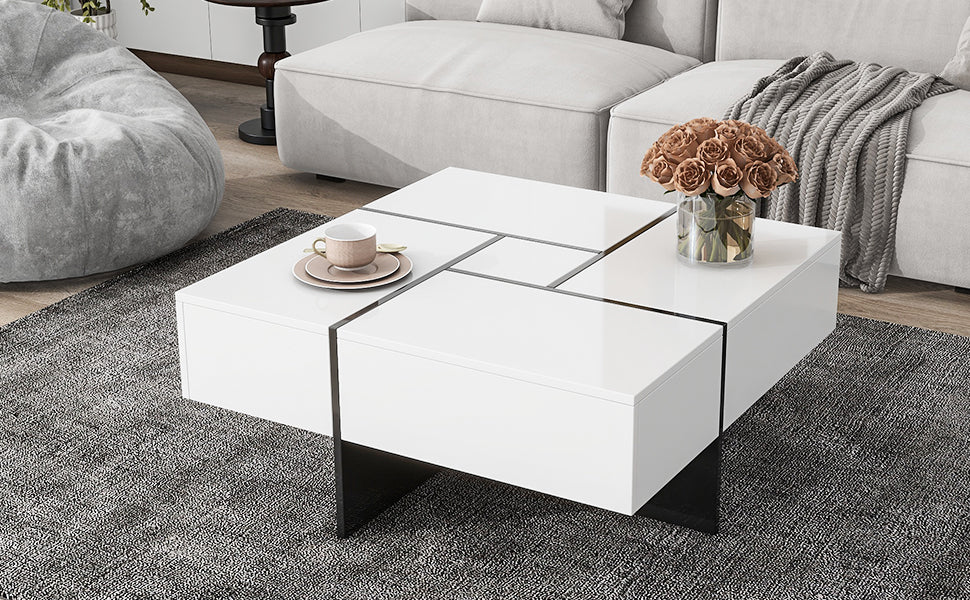 ON-TREND Unique Design Coffee Table with 4 Hidden Storage Compartments, Square Cocktail Table with Extendable Sliding Tabletop, UV High-gloss Design Center Table for Living Room, 31.5'x 31.5'
