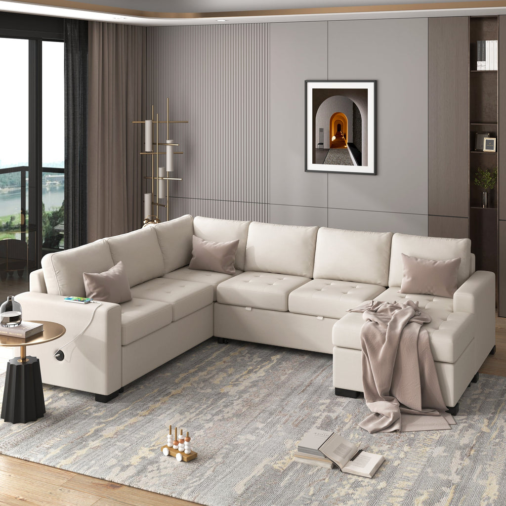 U_Style Sectional Sleeper Sofa with Pull-out Bed and Lounge Chair, USB and Type-C Interfaces, Suitable for Living Room, Office, and Spacious Spaces