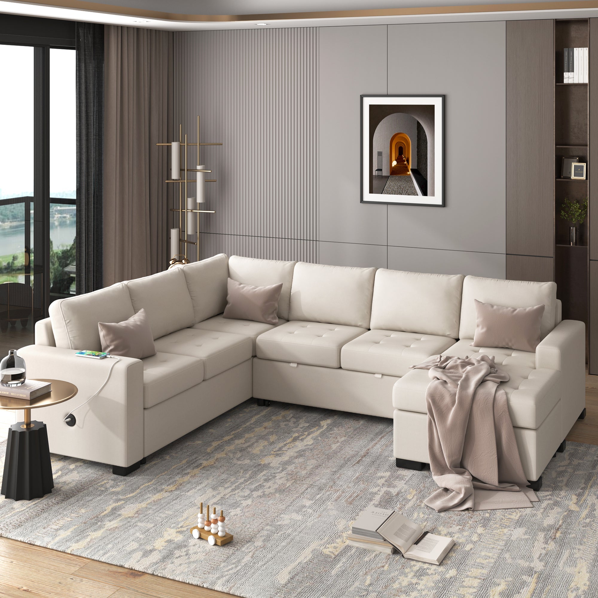 U_Style Sectional Sleeper Sofa with Pull-out Bed and Lounge Chair, USB and Type-C Interfaces, Suitable for Living Room, Office, and Spacious Spaces