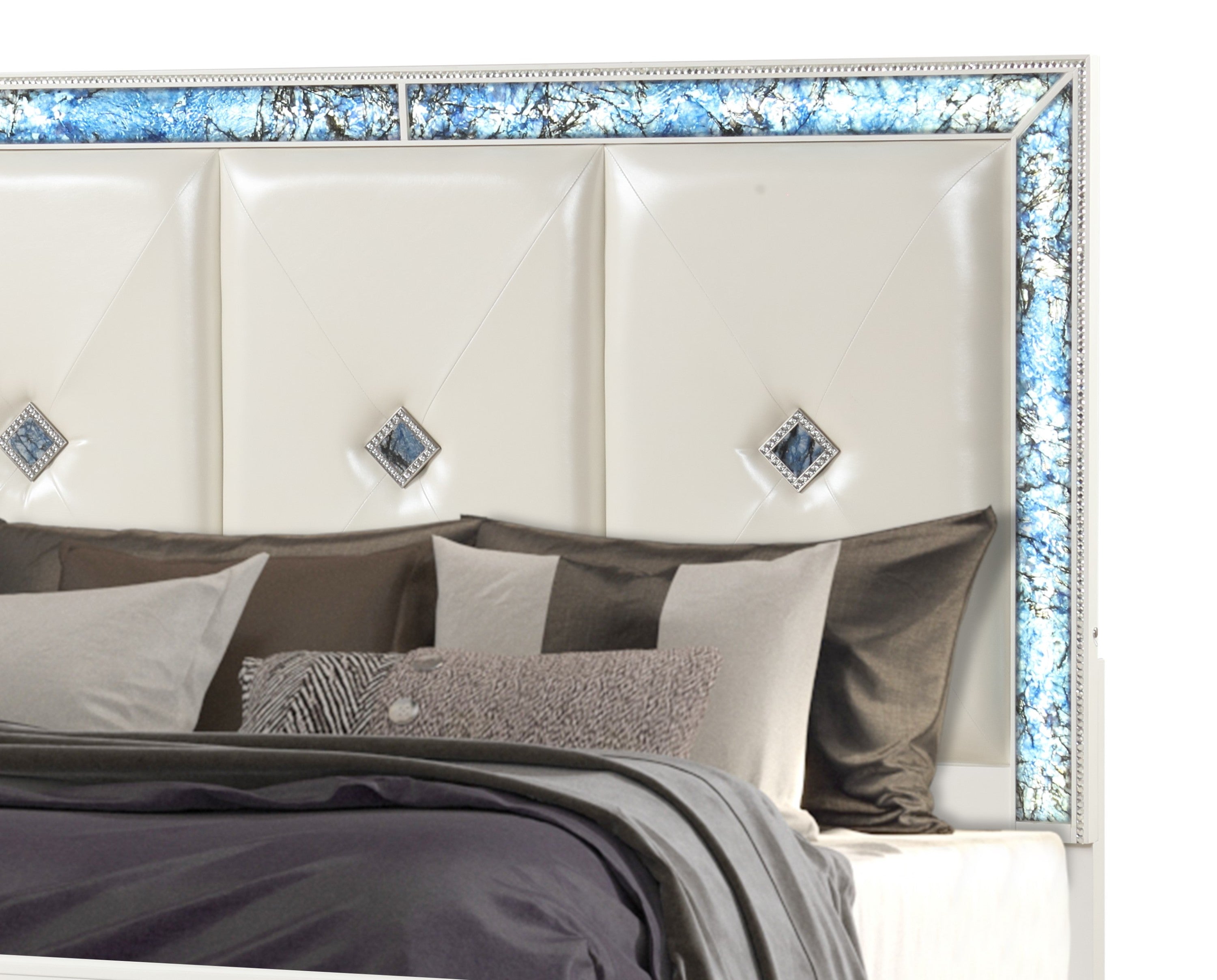 Laguna Modern Style 4 Pc King Upholstered Bedroom Set Made with Wood and Crystal Accents in White(CA INVENTORY)