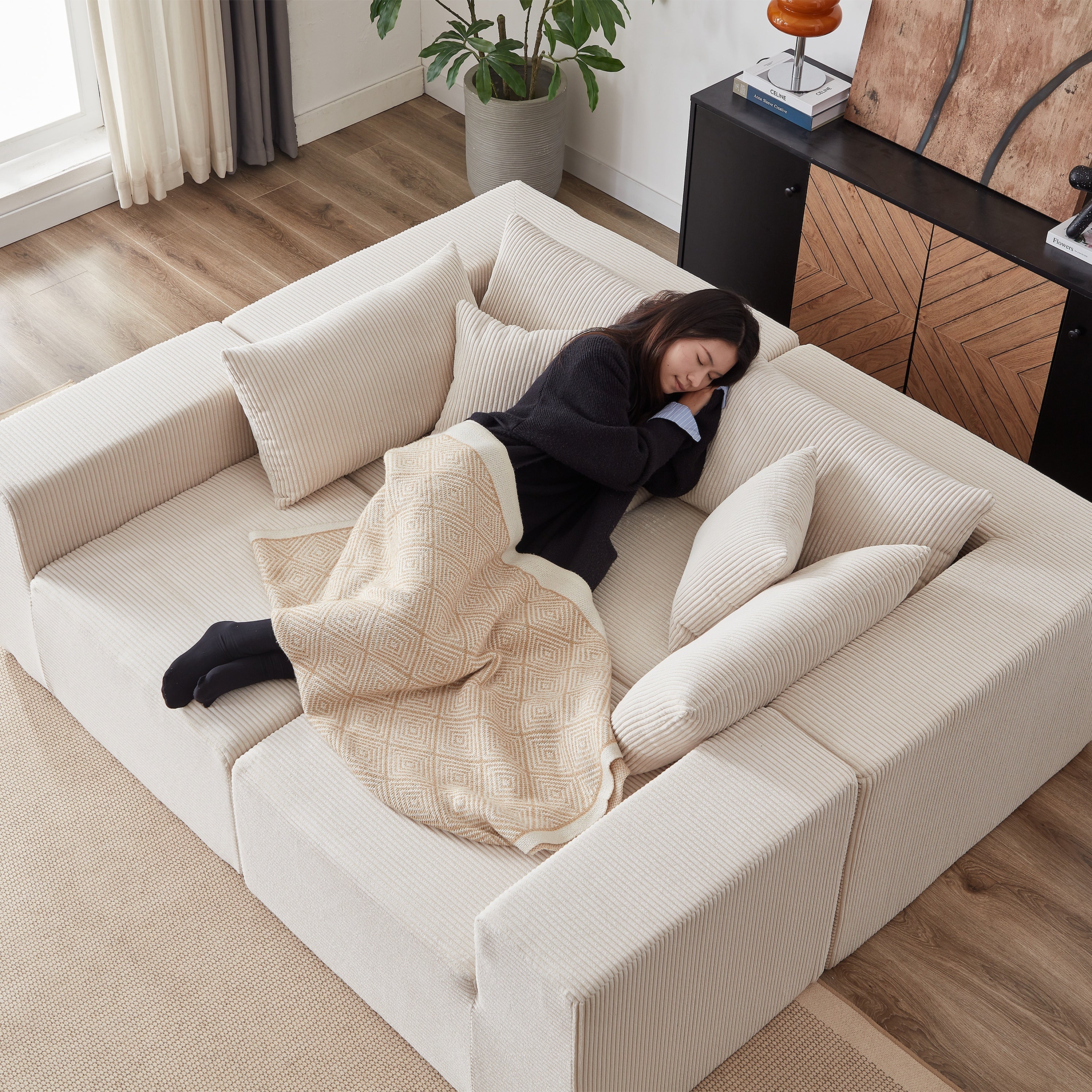 104-Inch Corduroy Modular L Shaped Sectional Sofa,Luxury Floor Couch Set,Upholstered Indoor Furniture,Foam-Filled Compressed Sofa for Living Room,Bedroom,4 PC Free Combination
