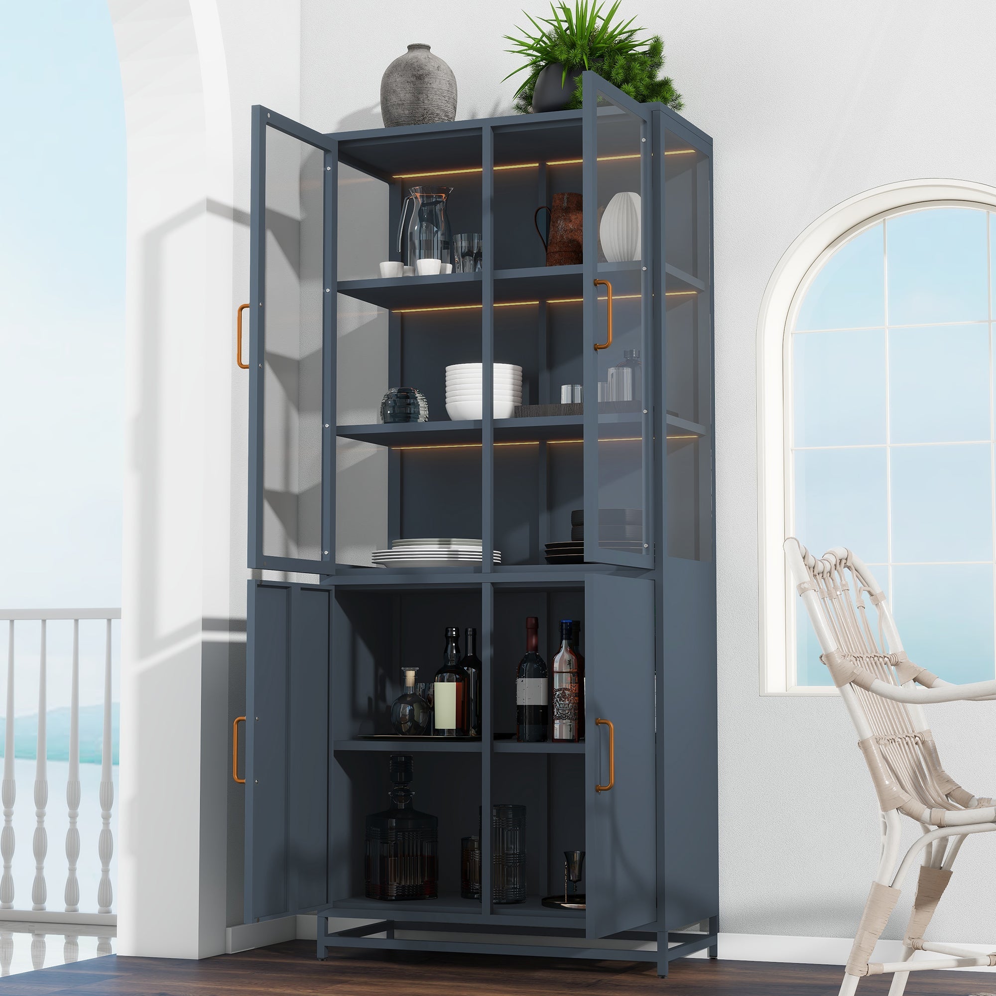 Modern Style 76.75'' Tall Steel Display Cabinet with Double Glass Doors, LED Lights, 3-Sided Glass for Collectibles - Dark Blue