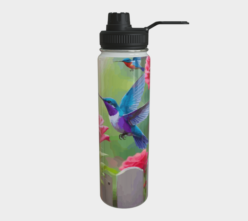 Hummingbirds and Pink Roses 24 oz Stainless Steel Water Bottle with Twist-off Cap
