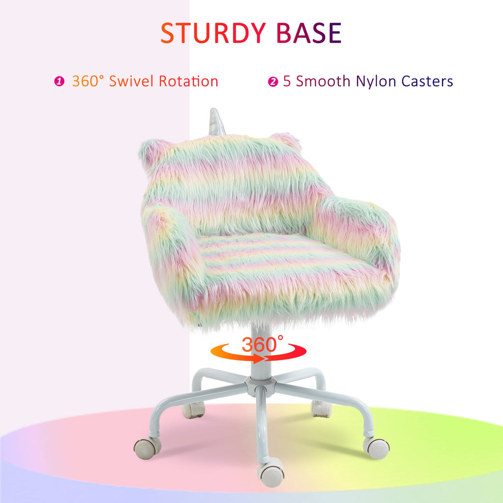 HOMCOM Fluffy Unicorn Office Chair with Mid-Back and Armrest Support, 5 Star Swivel Wheel White Base, Rainbow