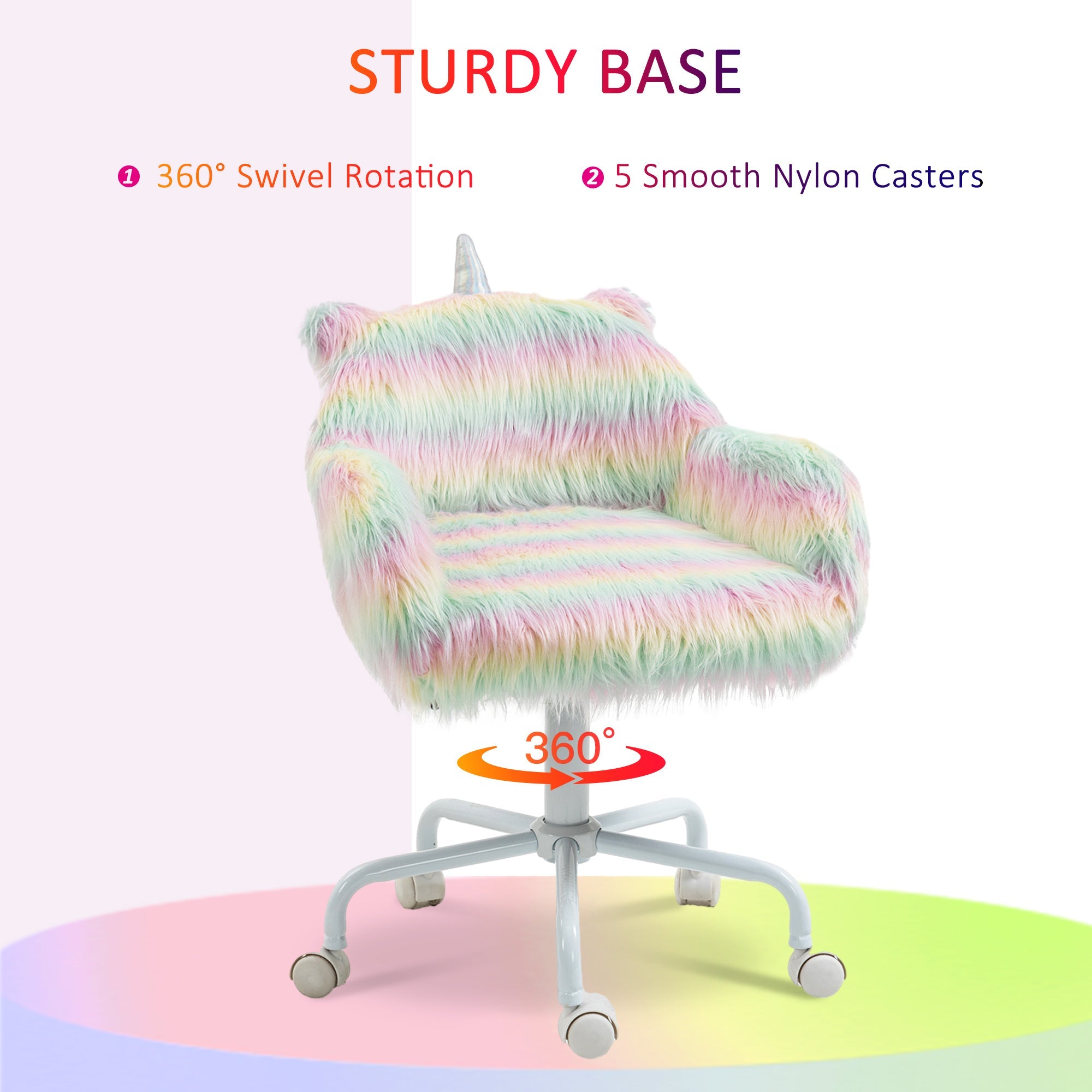HOMCOM Fluffy Unicorn Office Chair with Mid-Back and Armrest Support, 5 Star Swivel Wheel White Base, Rainbow