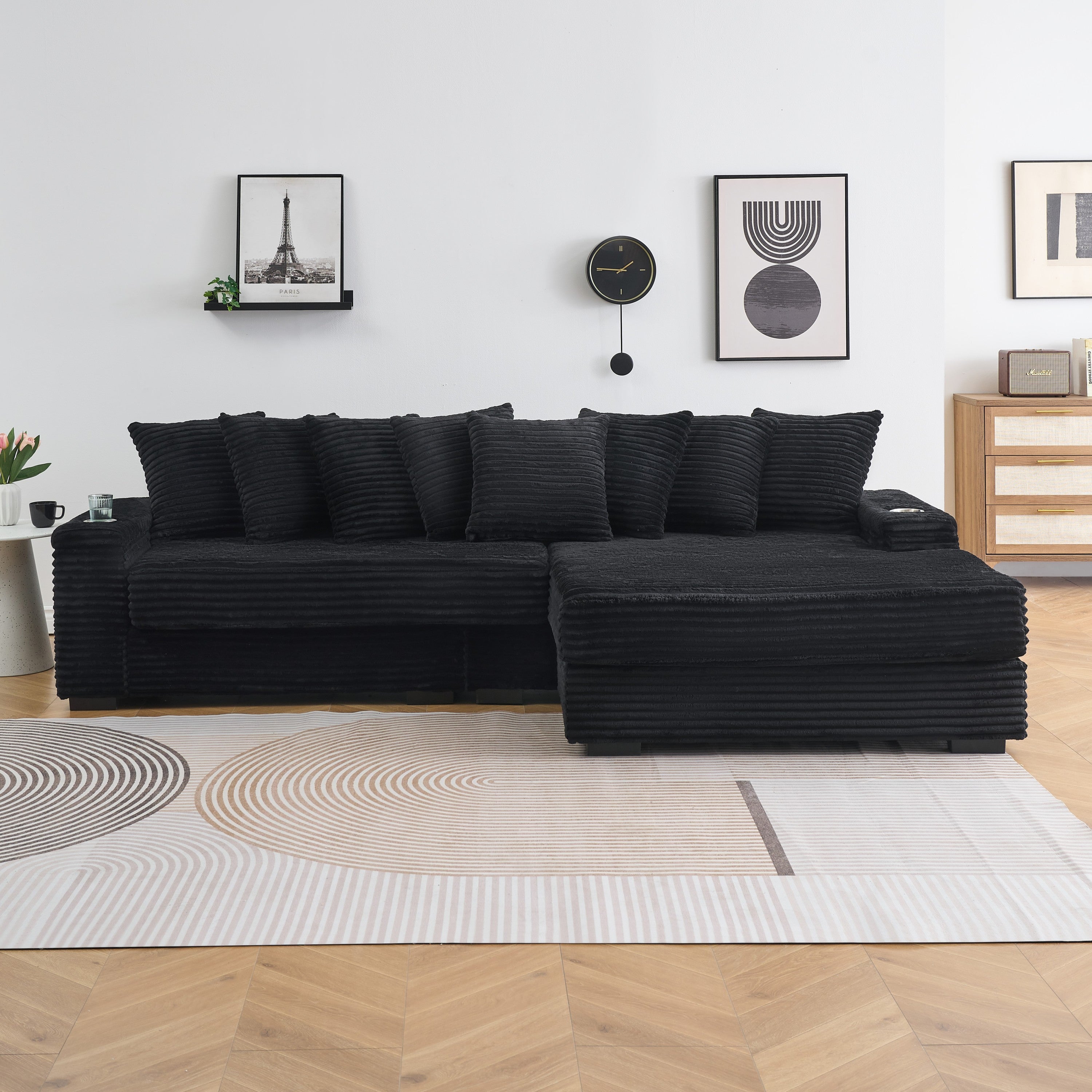 111.4 ' Black corduroy sofa, armrest with cup holder and storage function, recliner can be changed left and right, suitable for living room bedroom lounge area