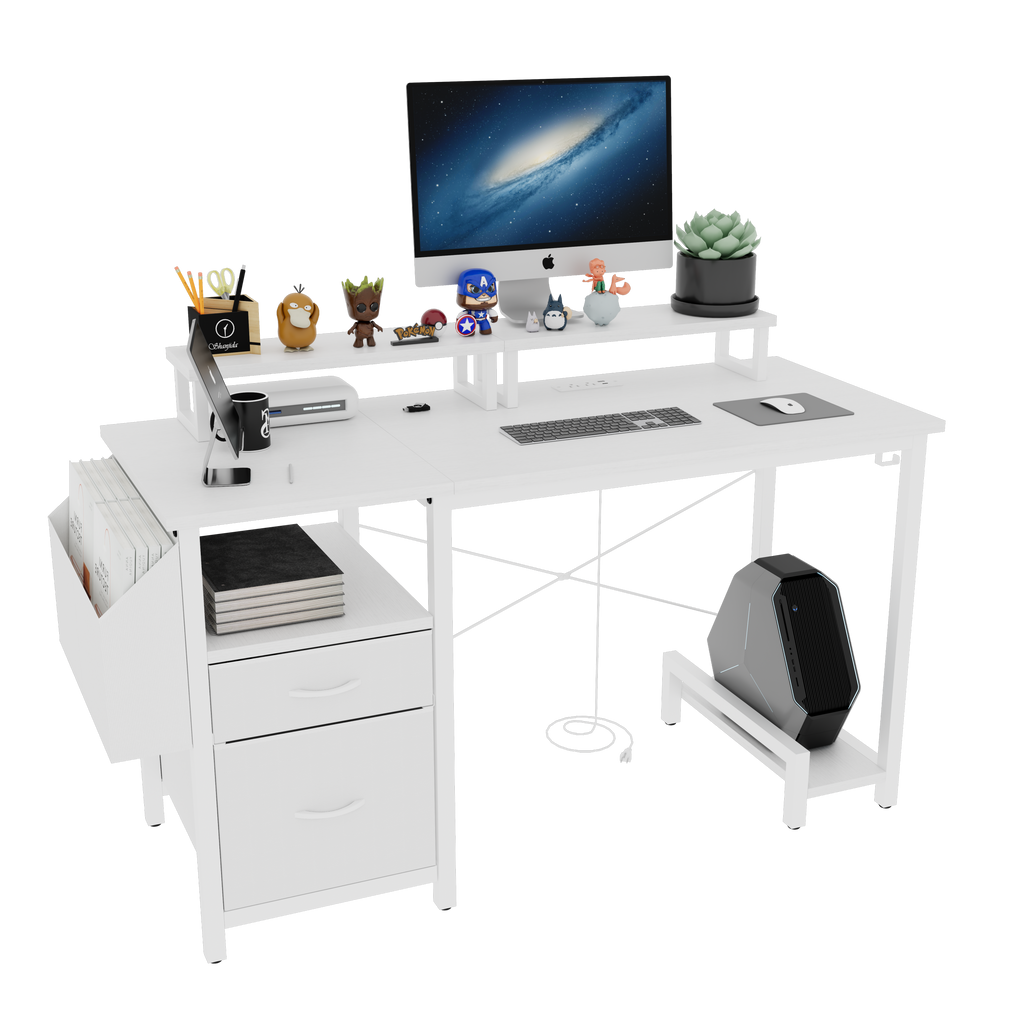 47.3'office desk with power outlet,2 Monitor Stands,2 drawers,Side Pocket,Easy to Assemble,Frame stability Reversible,use for home desk, computer desk, game table,White