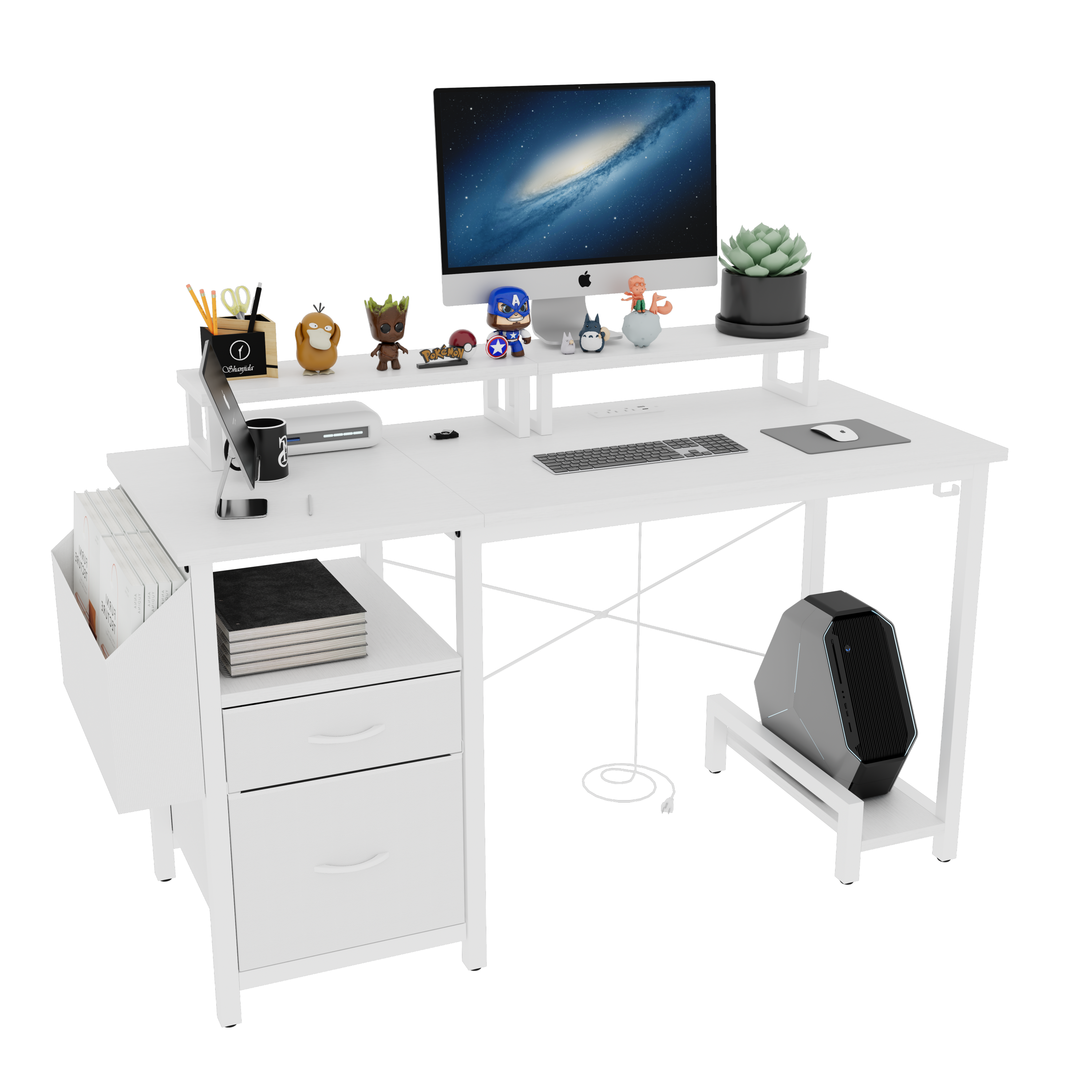 47.3'office desk with power outlet,2 Monitor Stands,2 drawers,Side Pocket,Easy to Assemble,Frame stability Reversible,use for home desk, computer desk, game table,White