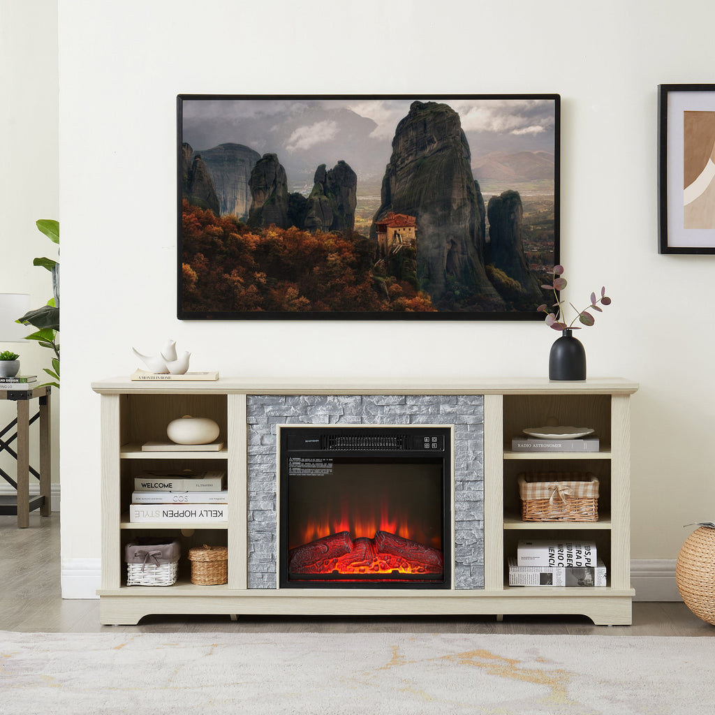 Mantel Electric Fireplace Stone TV Media Stand, Open Storage Modern Entertainment Console  Space with 18' Fireplace Insert, White, 58.31'W*15.39'D*26.06'H