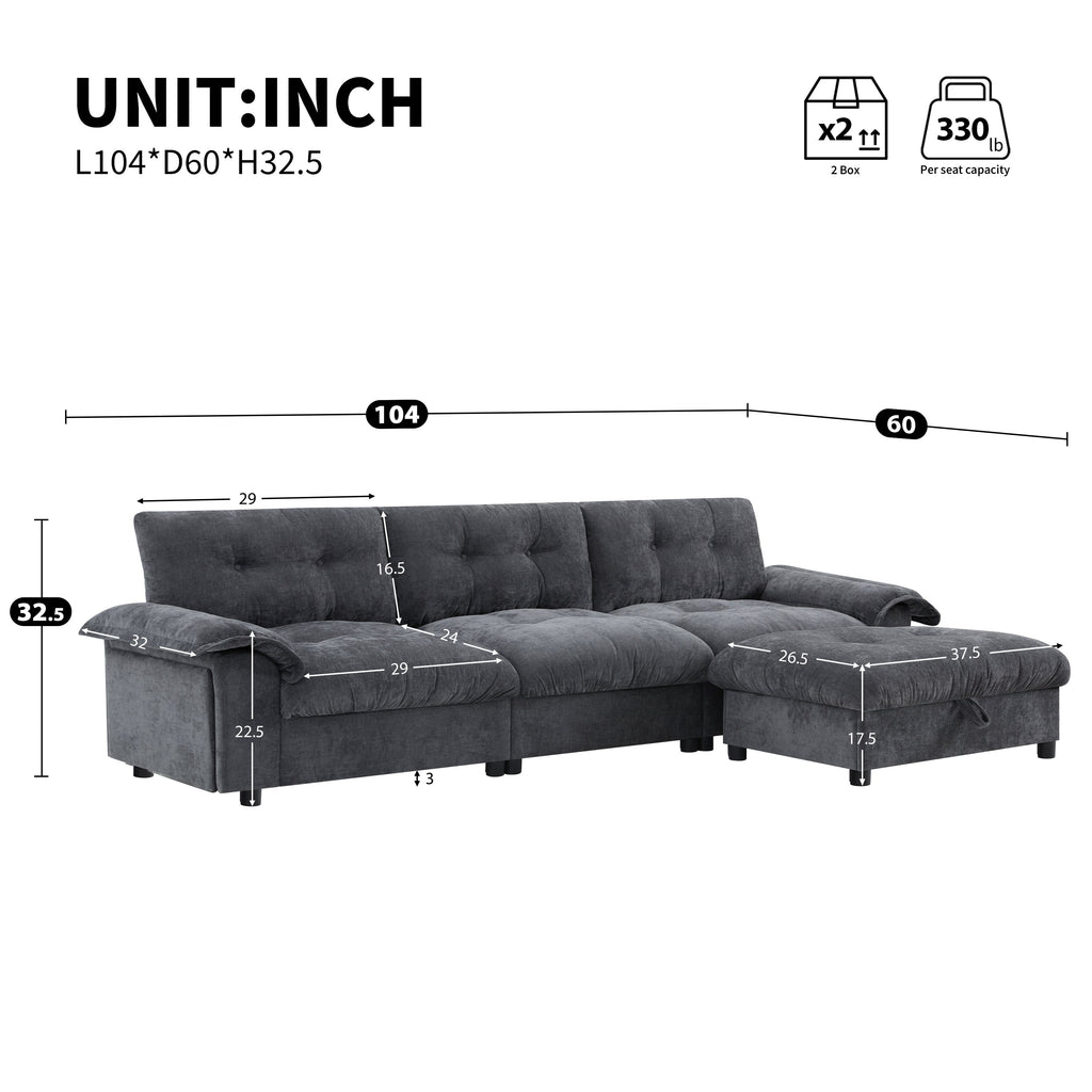 [VIDEO]104*60' Sectional Sofa, L-Shape with Multifunctional Armrest, Dual-Port Charging, Cup Holder, Side Storage Pockets, Movable Storage Ottoman, Unique Tufted Design, Soft Cushion, Chenille,3colors