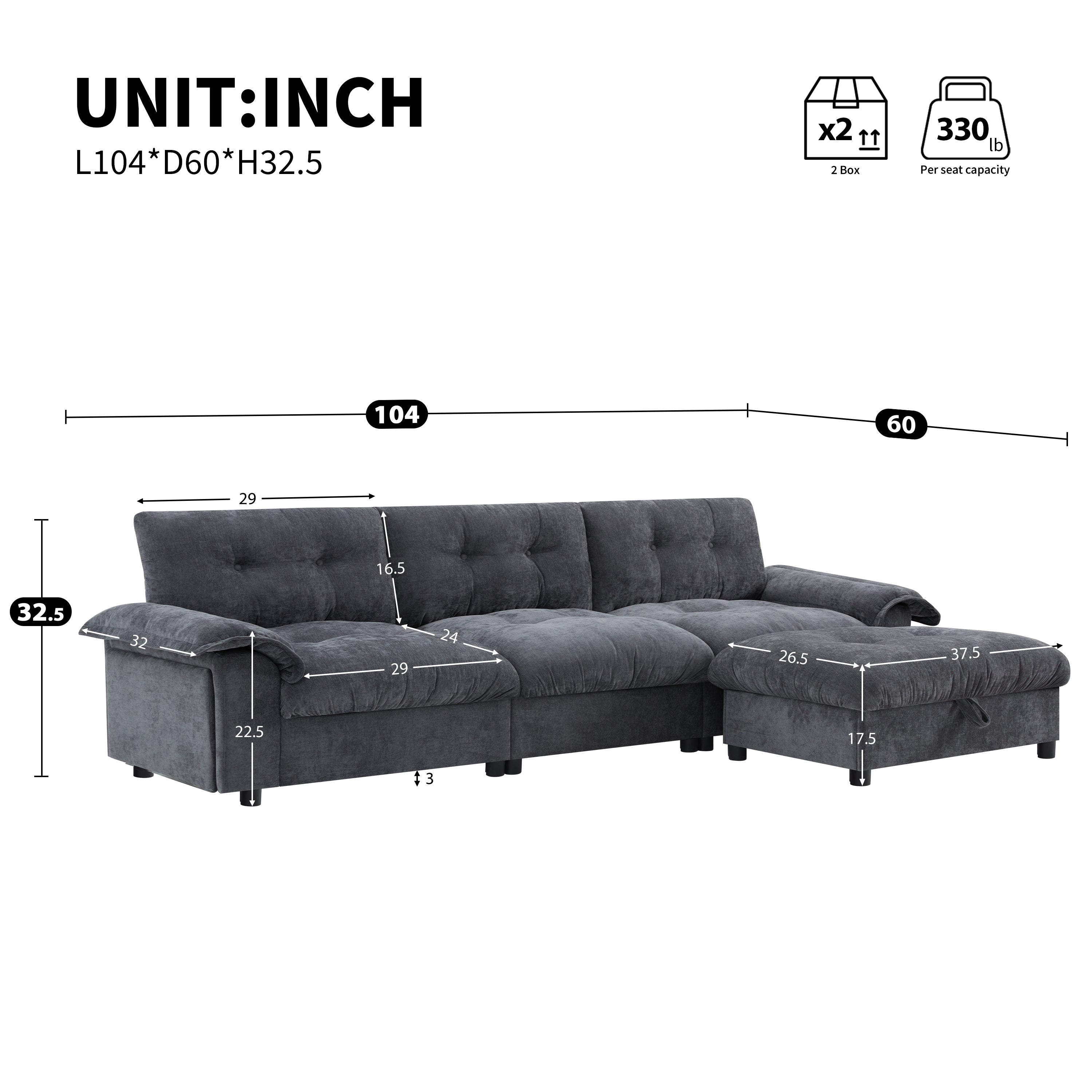 [VIDEO]104*60' Sectional Sofa, L-Shape with Multifunctional Armrest, Dual-Port Charging, Cup Holder, Side Storage Pockets, Movable Storage Ottoman, Unique Tufted Design, Soft Cushion, Chenille,3colors