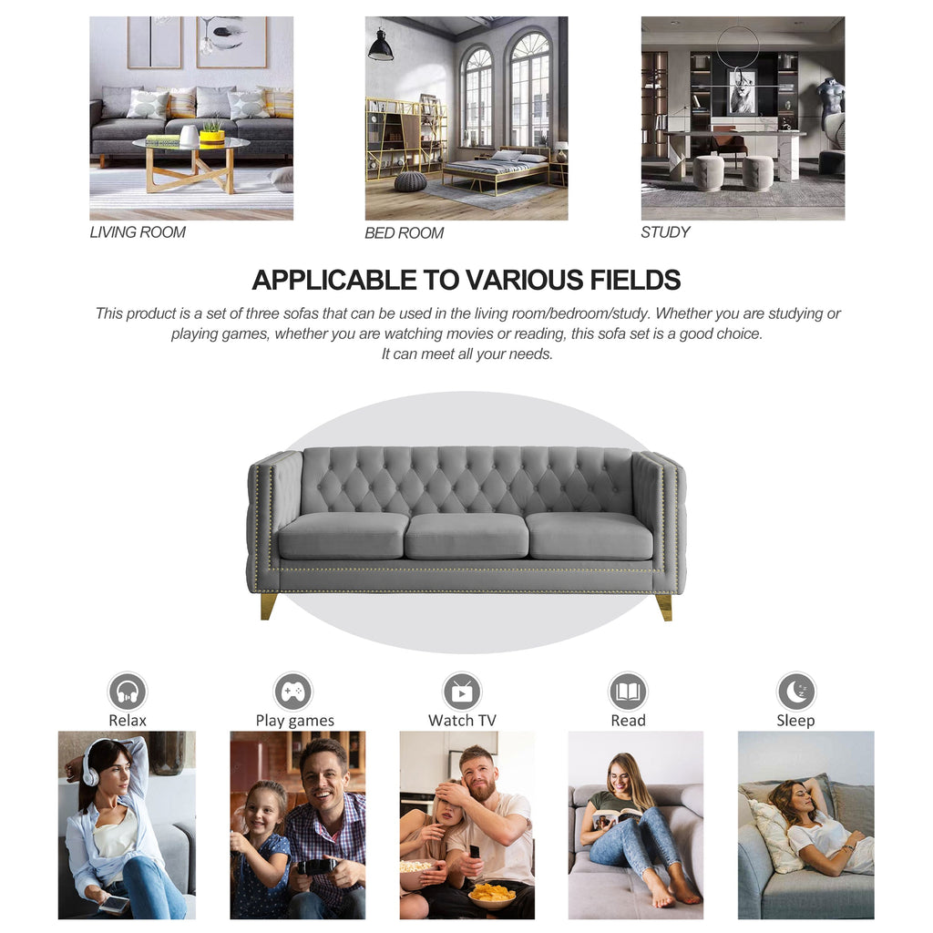 {Contact us for 3D modeling}  Velvet Sofa for Living Room,Buttons Tufted Square Arm Couch, Modern Couch Upholstered Button and Metal Legs, Sofa Couch for Bedroom, Grey Velvet(W834S00020)