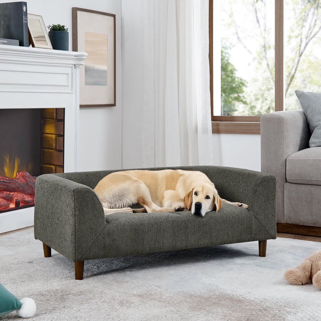 Modern Rectangular Pet Sofa with Backrest and Armrests, Soft Cushion, Dark Grey Linen, Rubber Wood Frame