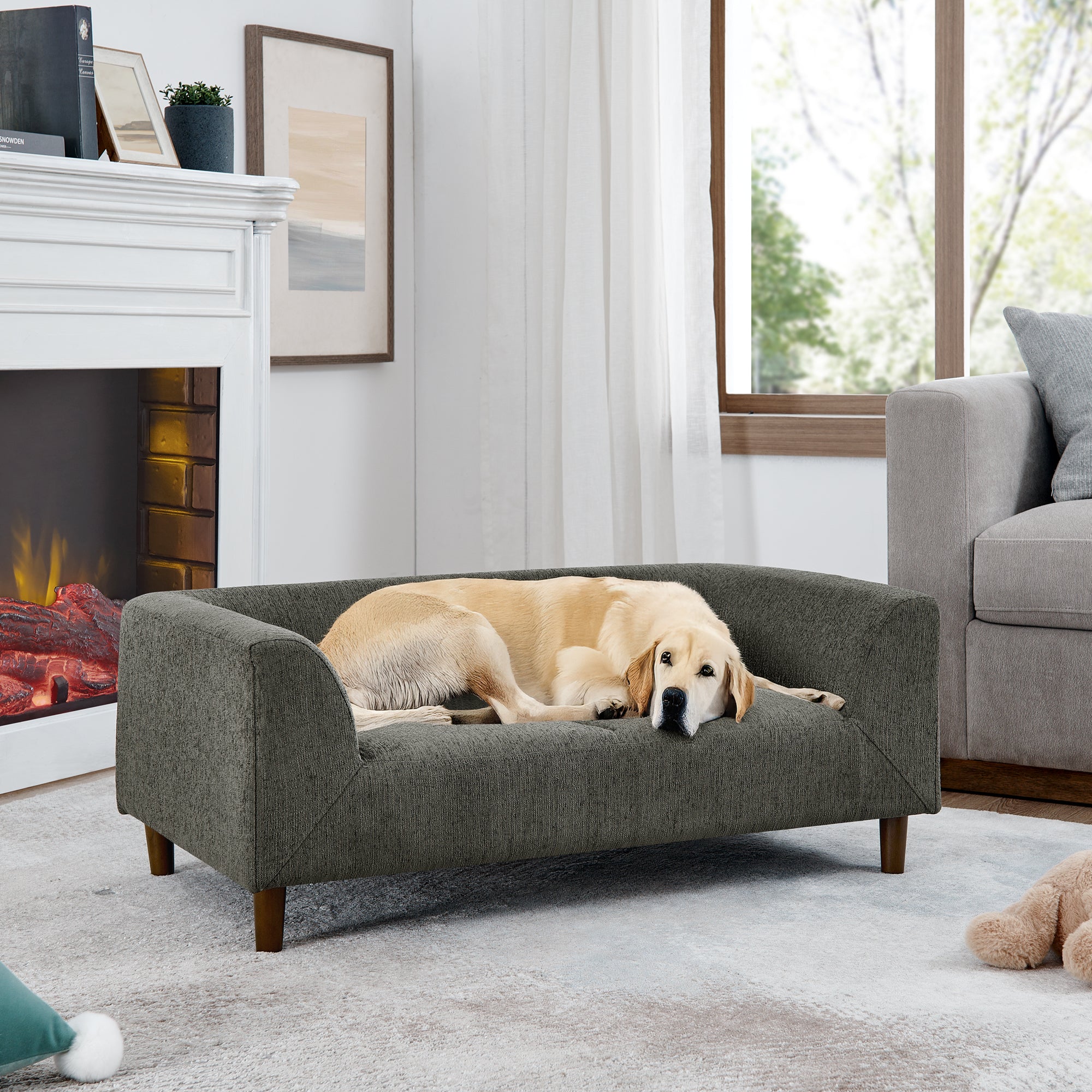Modern Rectangular Pet Sofa with Backrest and Armrests, Soft Cushion, Dark Grey Linen, Rubber Wood Frame