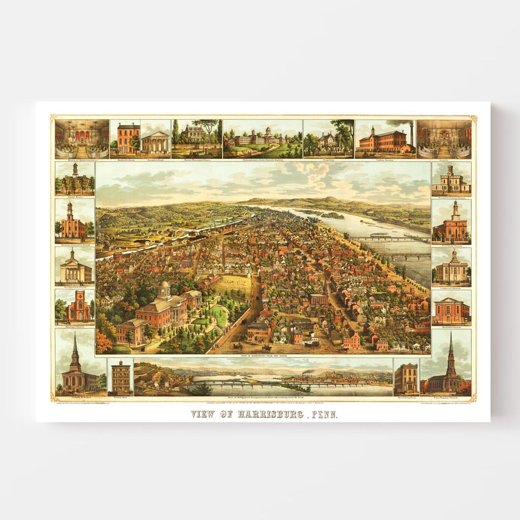 Vintage Map of Harrisburg, Pennsylvania 1855