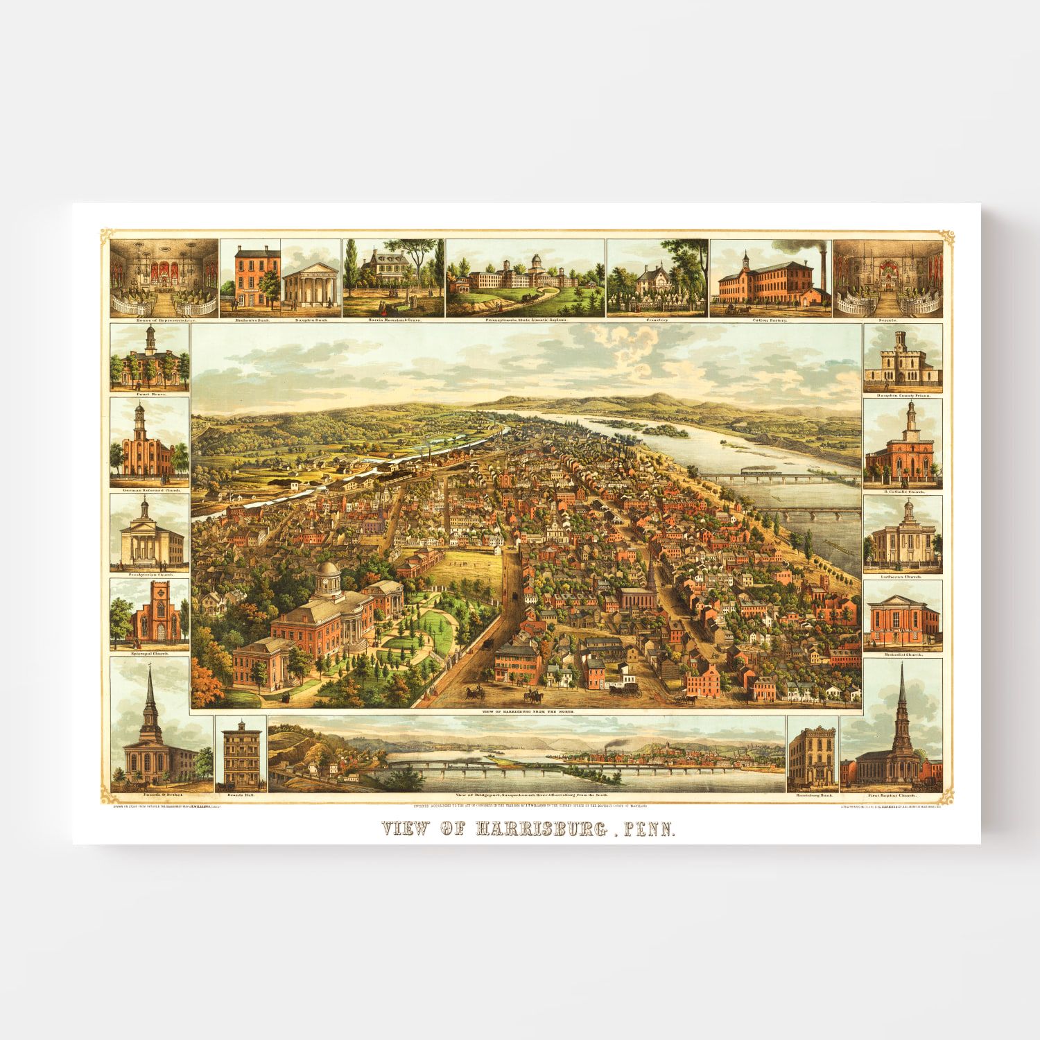 Vintage Map of Harrisburg, Pennsylvania 1855