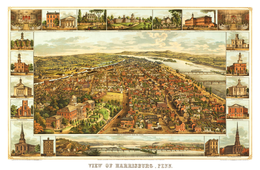 Vintage Map of Harrisburg, Pennsylvania 1855