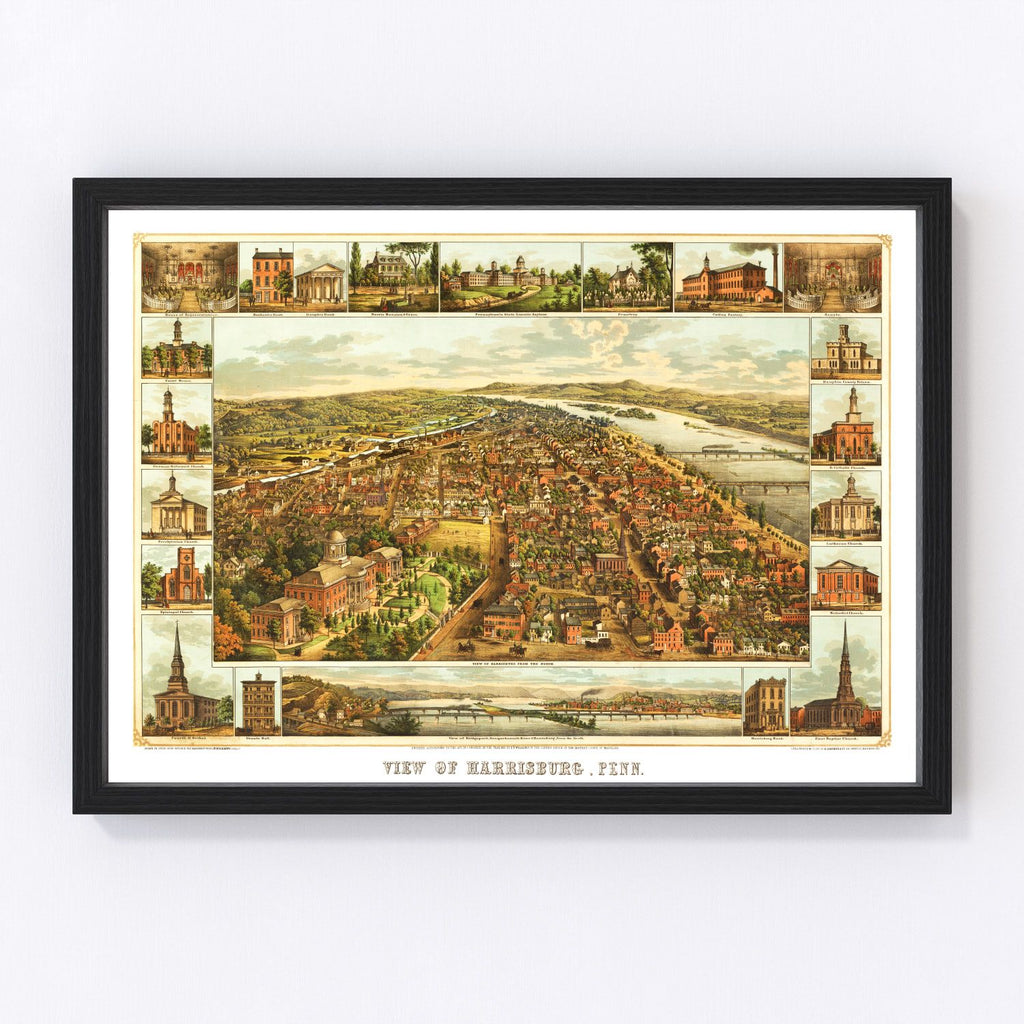 Vintage Map of Harrisburg, Pennsylvania 1855