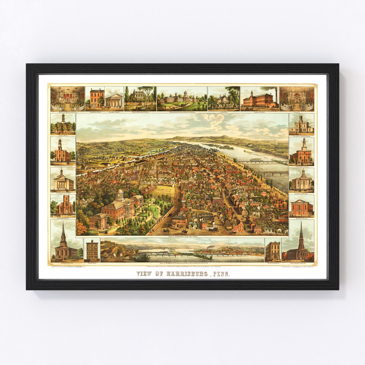 Vintage Map of Harrisburg, Pennsylvania 1855