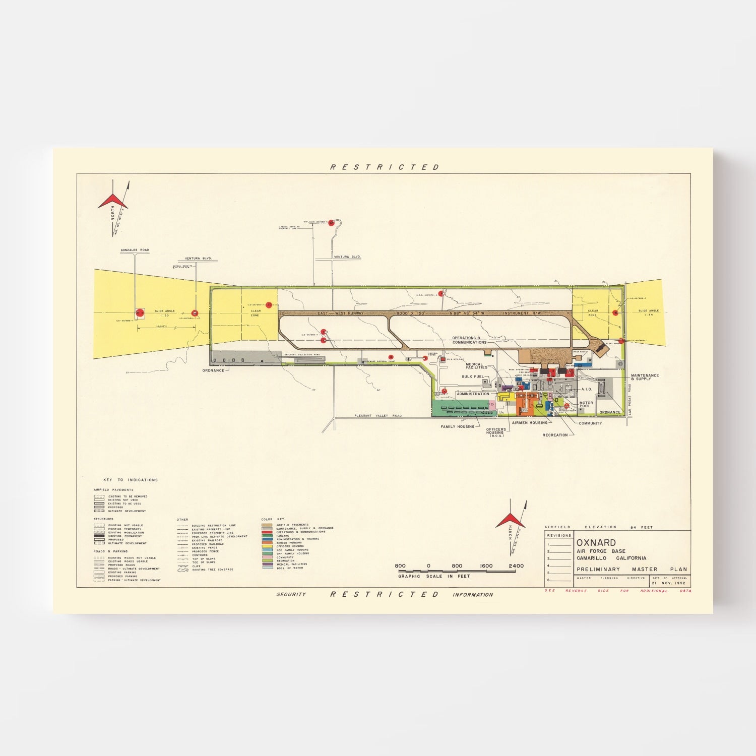 Vintage Map of Oxnard Air Force Base " Camarillo California, 1951