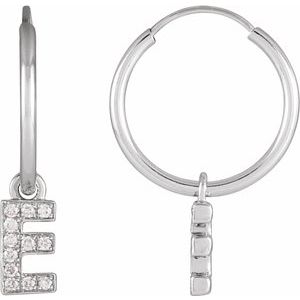 14K White Gold .04 CTW Natural Diamond Single Initial E Hoop Earring
