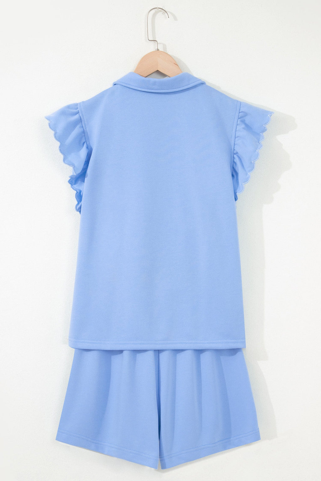 Solid Scalloped Ruffle Half Zip Top & Short Set