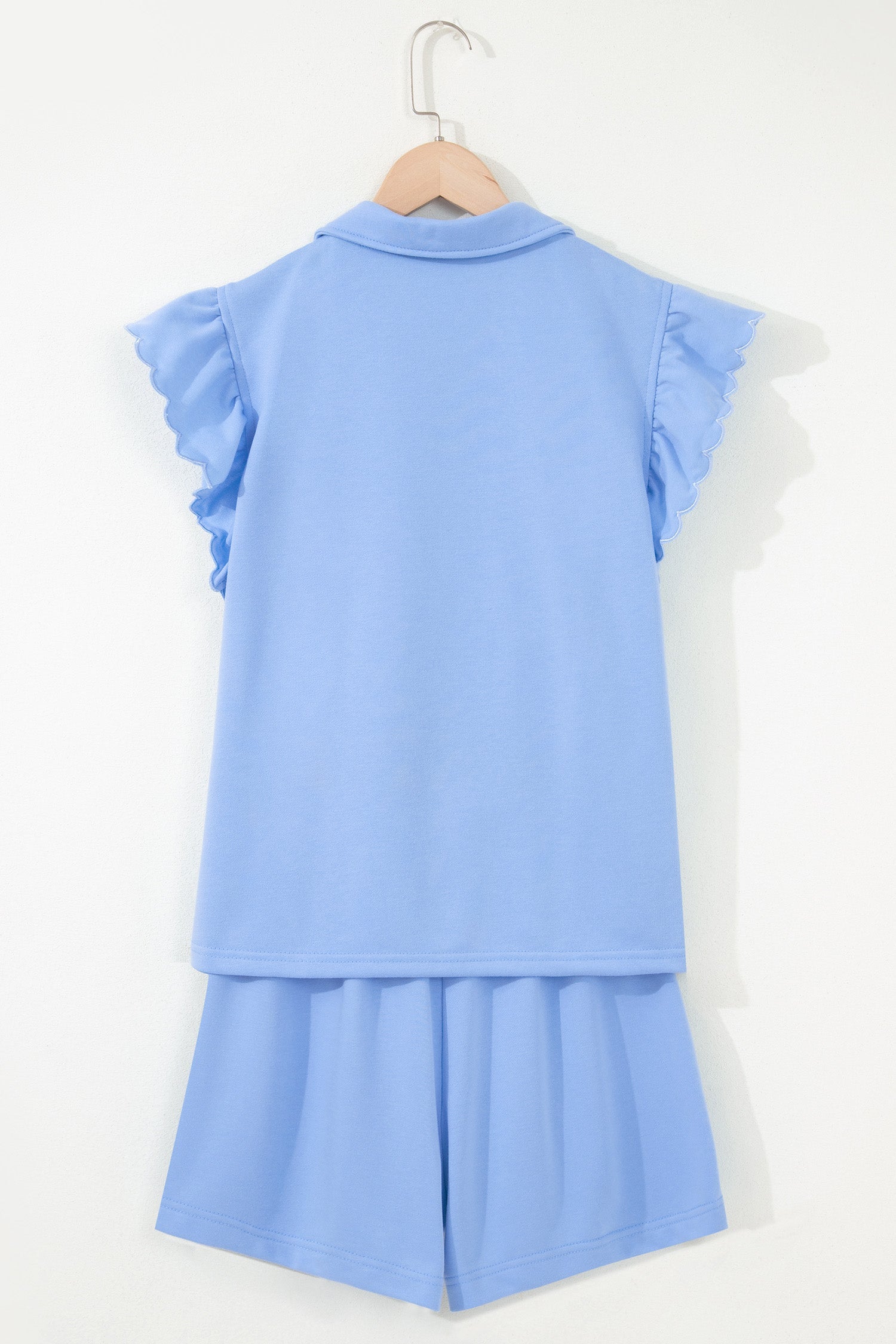 Solid Scalloped Ruffle Half Zip Top & Short Set