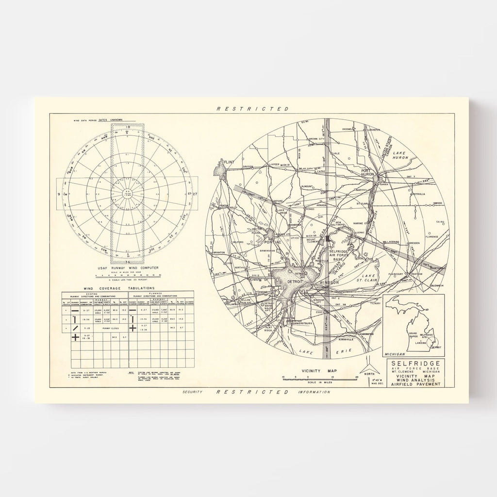 Vintage Map of the Selfridge Air Fore Base Vicinity, 1952
