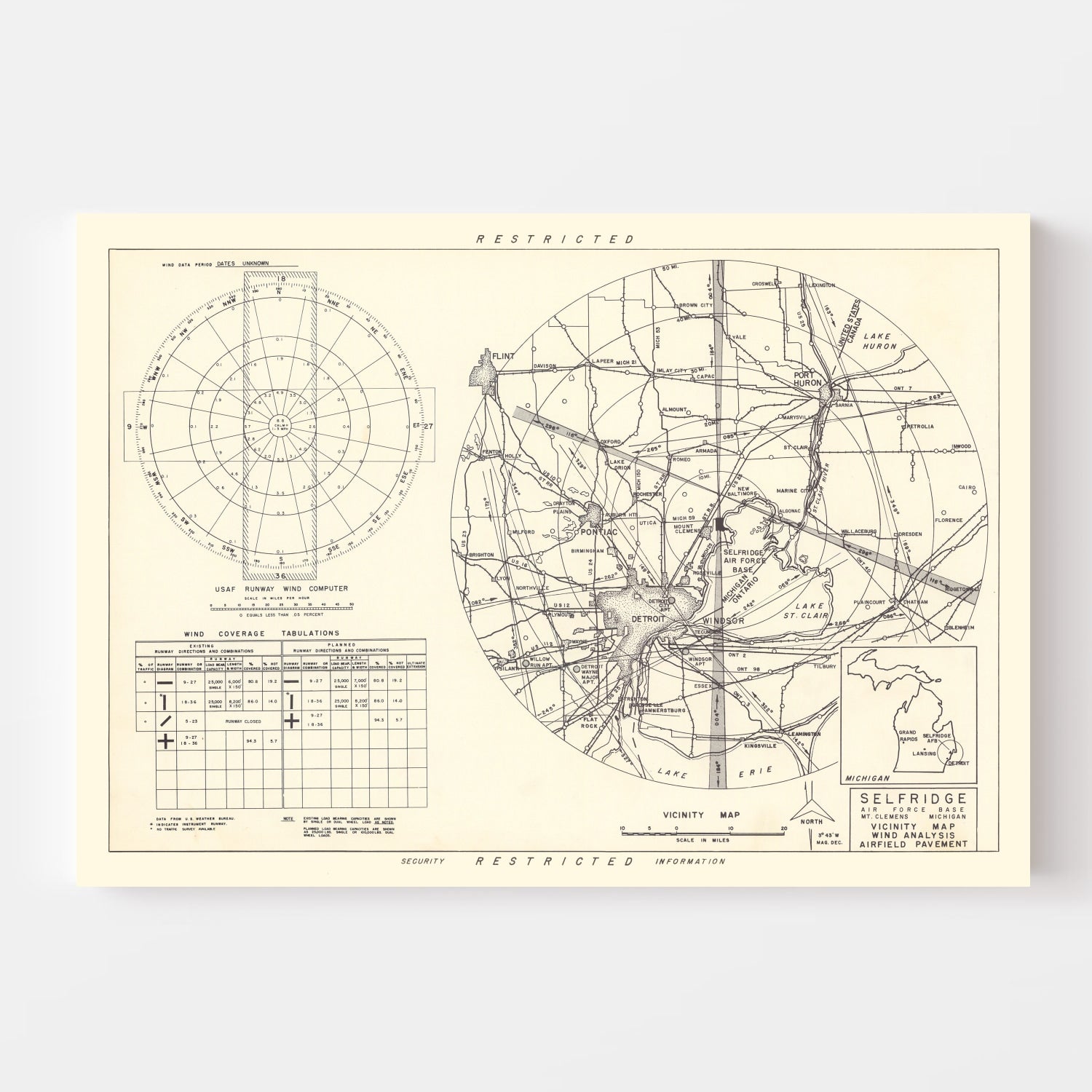 Vintage Map of the Selfridge Air Fore Base Vicinity, 1952