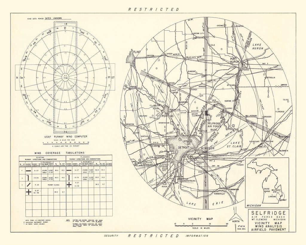 Vintage Map of the Selfridge Air Fore Base Vicinity, 1952