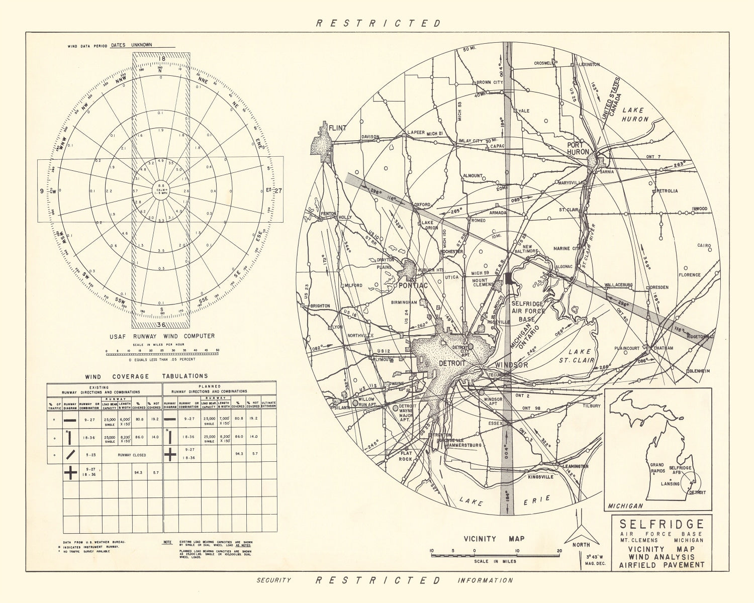 Vintage Map of the Selfridge Air Fore Base Vicinity, 1952
