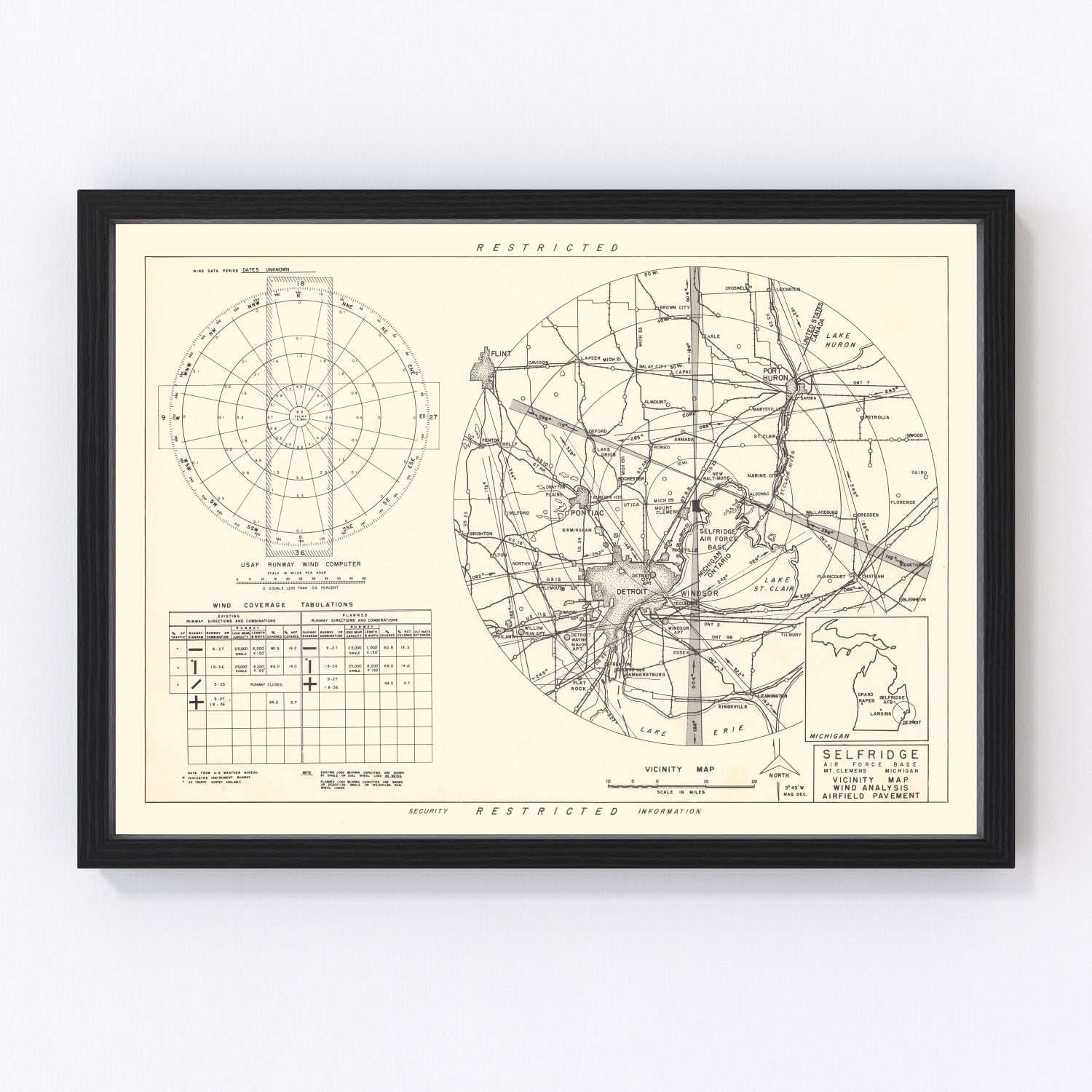 Vintage Map of the Selfridge Air Fore Base Vicinity, 1952