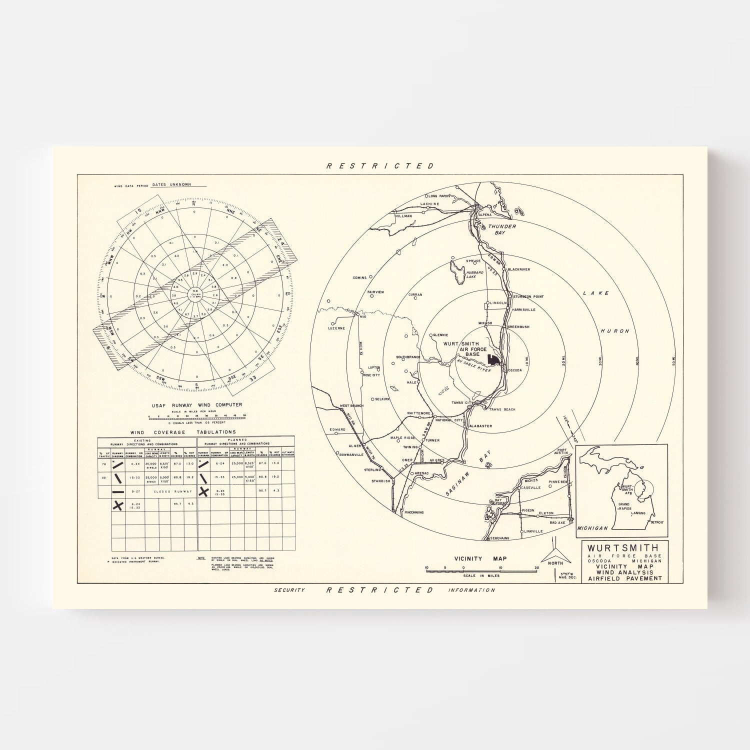 Vintage Map of the Wurtsmith Air Force Base Vicinity, 1952