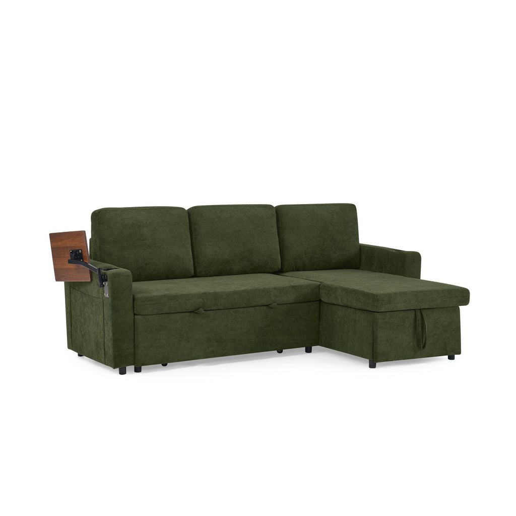 Modern Chenille Multi-functional Pull-Out Bed Sofa with Retractable Table and LED Lighting, USB Charging Ports and Cup Holders, Green