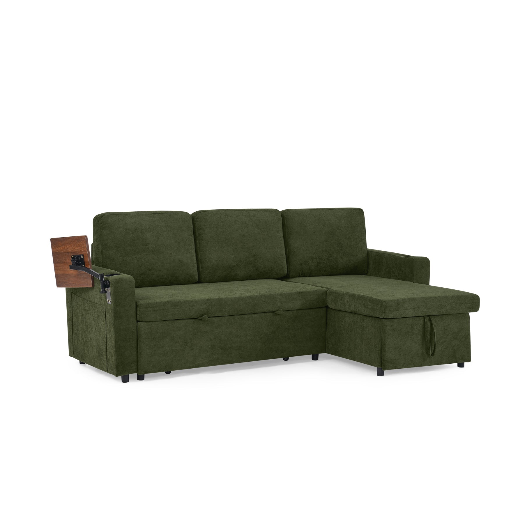 Modern Chenille Multi-functional Pull-Out Bed Sofa with Retractable Table and LED Lighting, USB Charging Ports and Cup Holders, Green